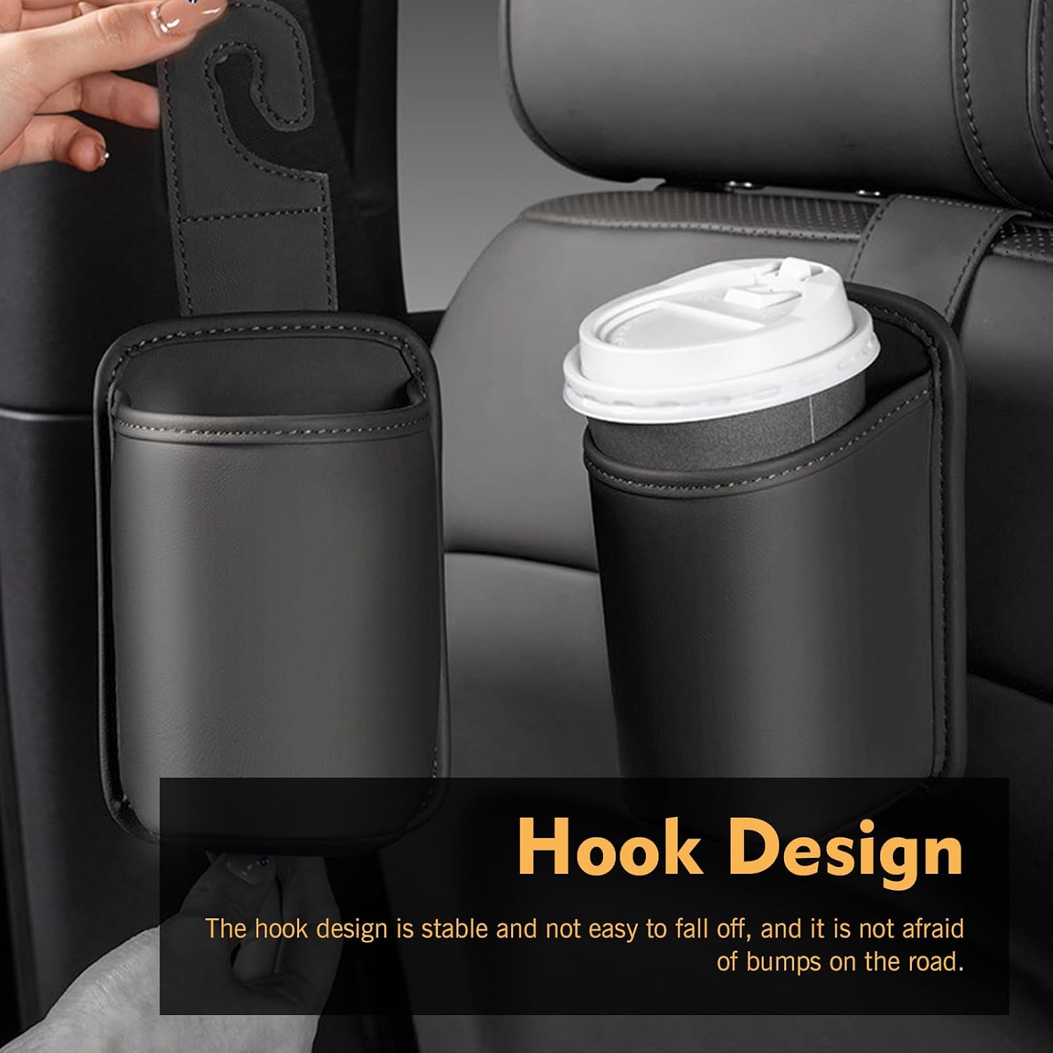 2 PCS Car Seat Back Headrest Cup Holders, Leather Large Capacity Organizer for Cup & Phone & Trash, Anti-spill Multi-functional Hanging Storage Bag, for Cars SUVs Trucks (Black)