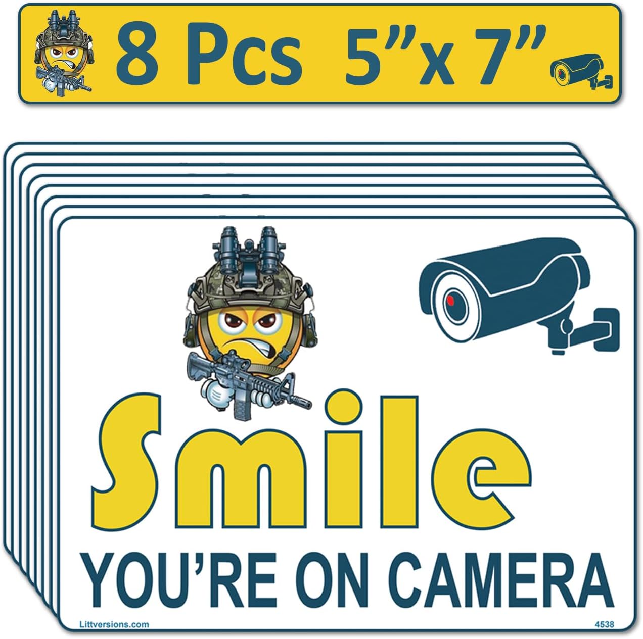 8 Pack 5"x7" Laminated Vinyl Beige Smile You're On Camera Video Surveillance Labels Stickers Sign Decals Security Sign for Home, Business, Cars, Windows, and CCTV Systems