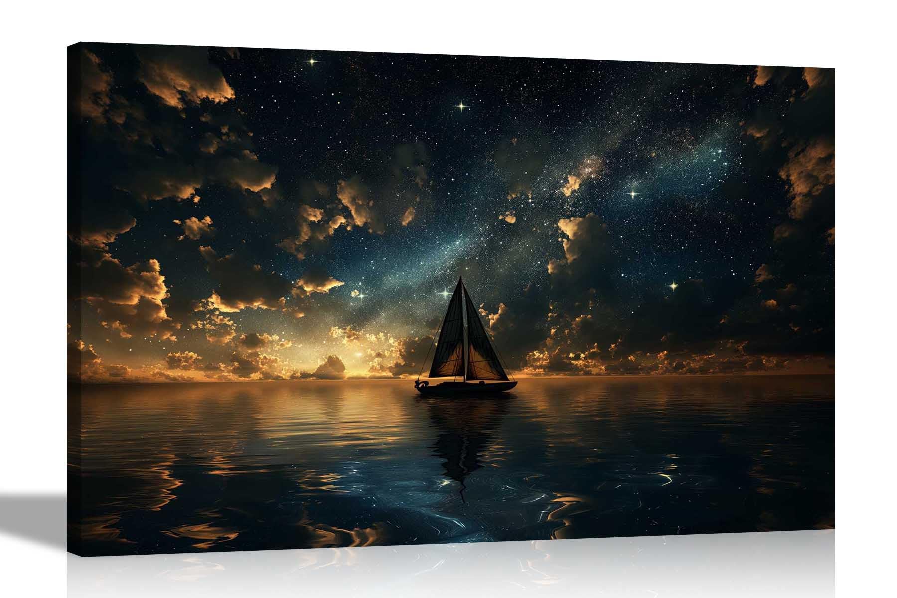 Artley Prints Starry Night At Sea - Starry Night Sail Boat At Sea Canvas Wall Art Pictures For Living Room Conservatory Hallway Home Office Prints40 X 30Cm (16 X 12 Inches) A3
