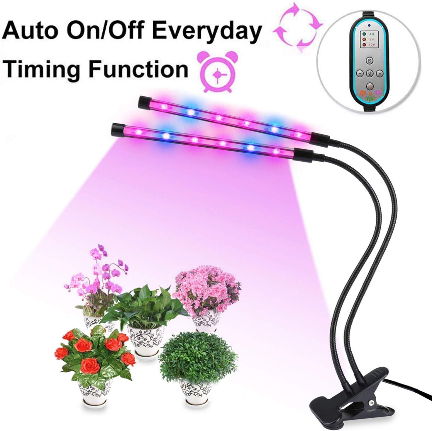 Plant Lamp Dual Head Grow Light Timing 24W 360° Gooseneck with 8 Dimmable Levels, 4/8/12 H Timer for Indoor Plants Hydroponics Greenhouse Gardening by Domserv [2018 Upgraded]