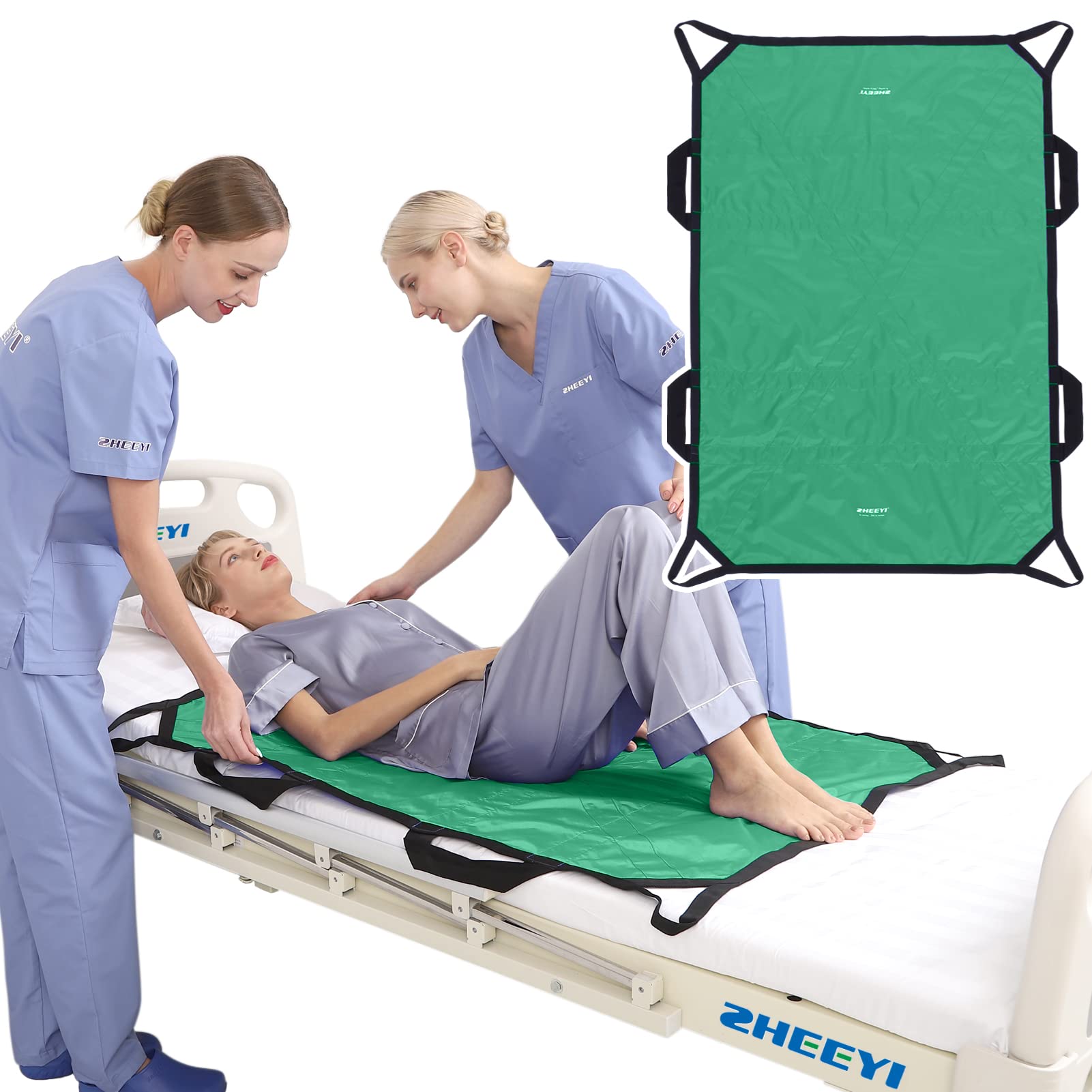 Positioning Bed Pad with Reinforced Handles 48" x 40" Patient Transfer Sheet Aid Assistant for Body Lifting, Turning, Repositioning, for Elderly, Incontinence, Caregiver, Green