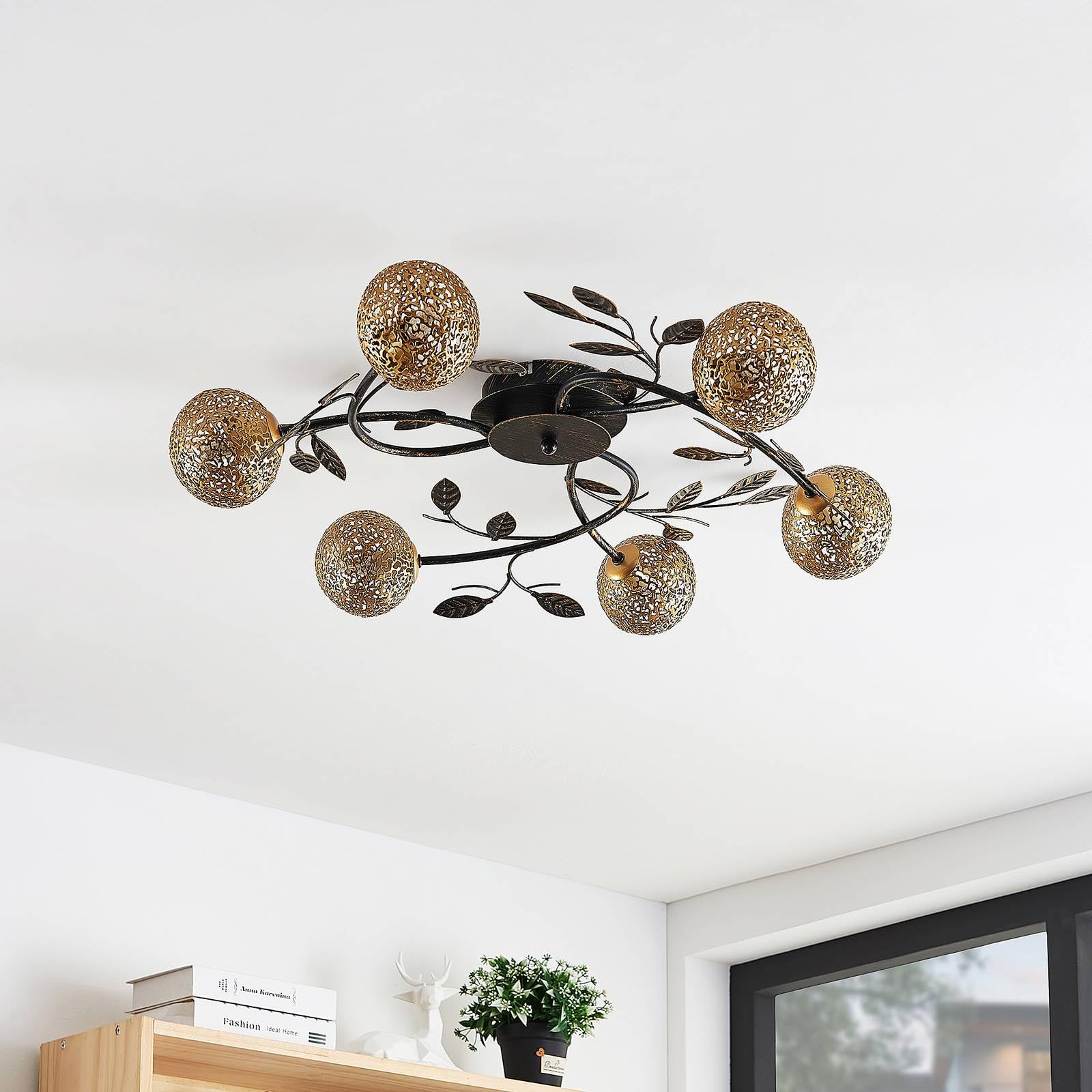 Lucande lámpara de techo en negro, oro, plafón | lámpara de salón, g9, 6 bombillas, florentino para sala de estar, salón, dormitorio, pasillo, comedor