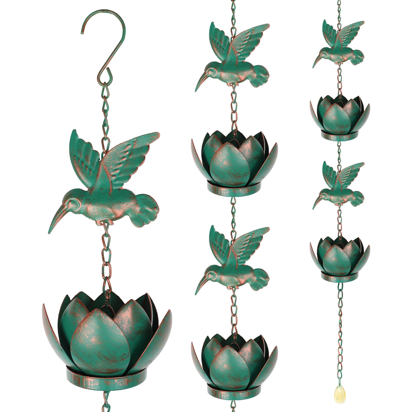 BigKing Chaîne pour eau de pluie Colibri Lotus pour gouttières, 2,4 m Chaîne de pluie suspendue avec crochet, chaîne de pluie pour gouttières extérieures, Eaves Drainage (vert émeraude)