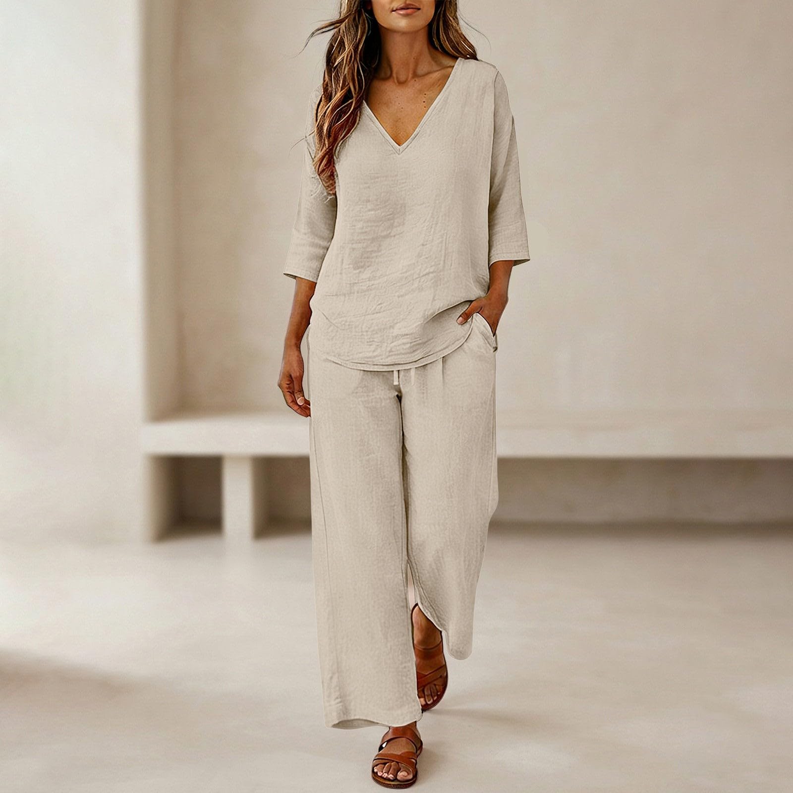Ensemble En Lin Femme 2 Pieces Chic Et Elegant Léger Été Loungewear De Jogging Maison Ample Lâche Avec Cordon Serrage Décontractée Demi-Manche Chemise Col V Pantalon Large Fluide Tenue Grande Taille