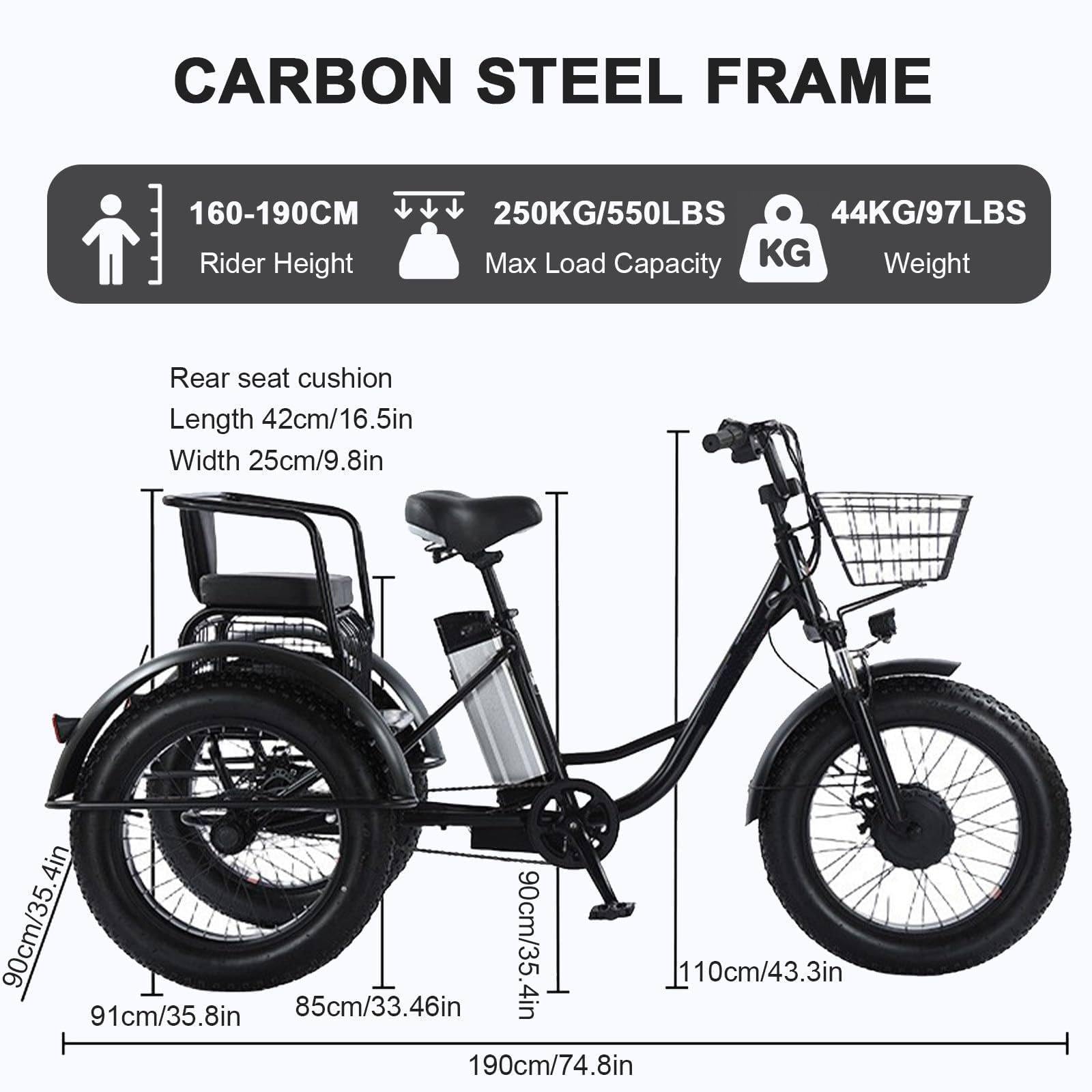 Triciclo Eléctrico para Adultos,con Neumáticos Anchos Todoterreno 20" X 4.0,Cesta De La Compra Y Asiento Trasero,Batería Extraíble 48v/12ah,Carga 200Kg,Ideal para IR Compras