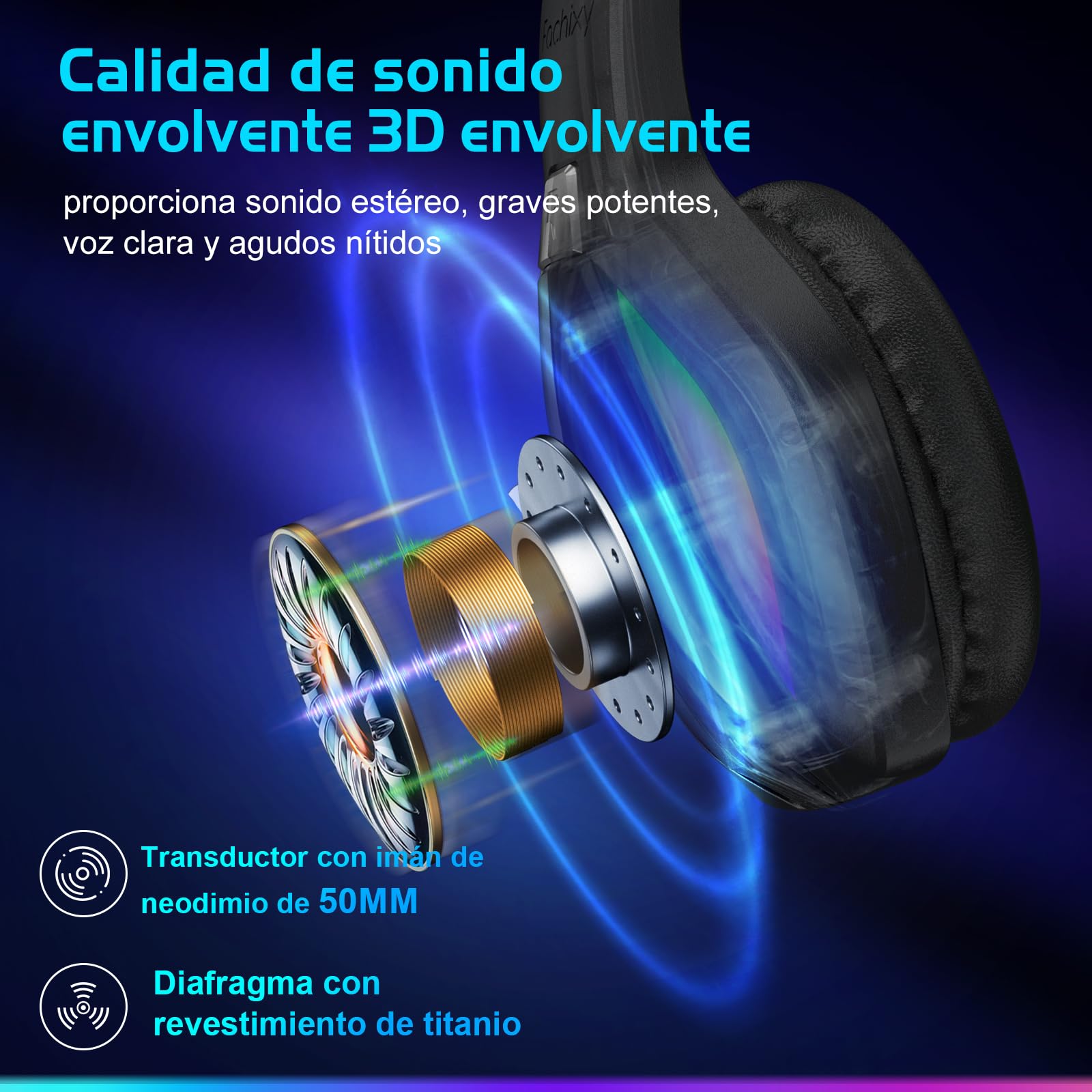 Fachixy「2025 Nuevo」FC100 Cascos Gaming Inalámbricos para PC, PS5, PS4, Auriculares Gaming Inalámbricos de 2,4GHz Wireless+Bluetooth - Baja Latencia, Duración 40Hr+, Luces RGB (Negro)