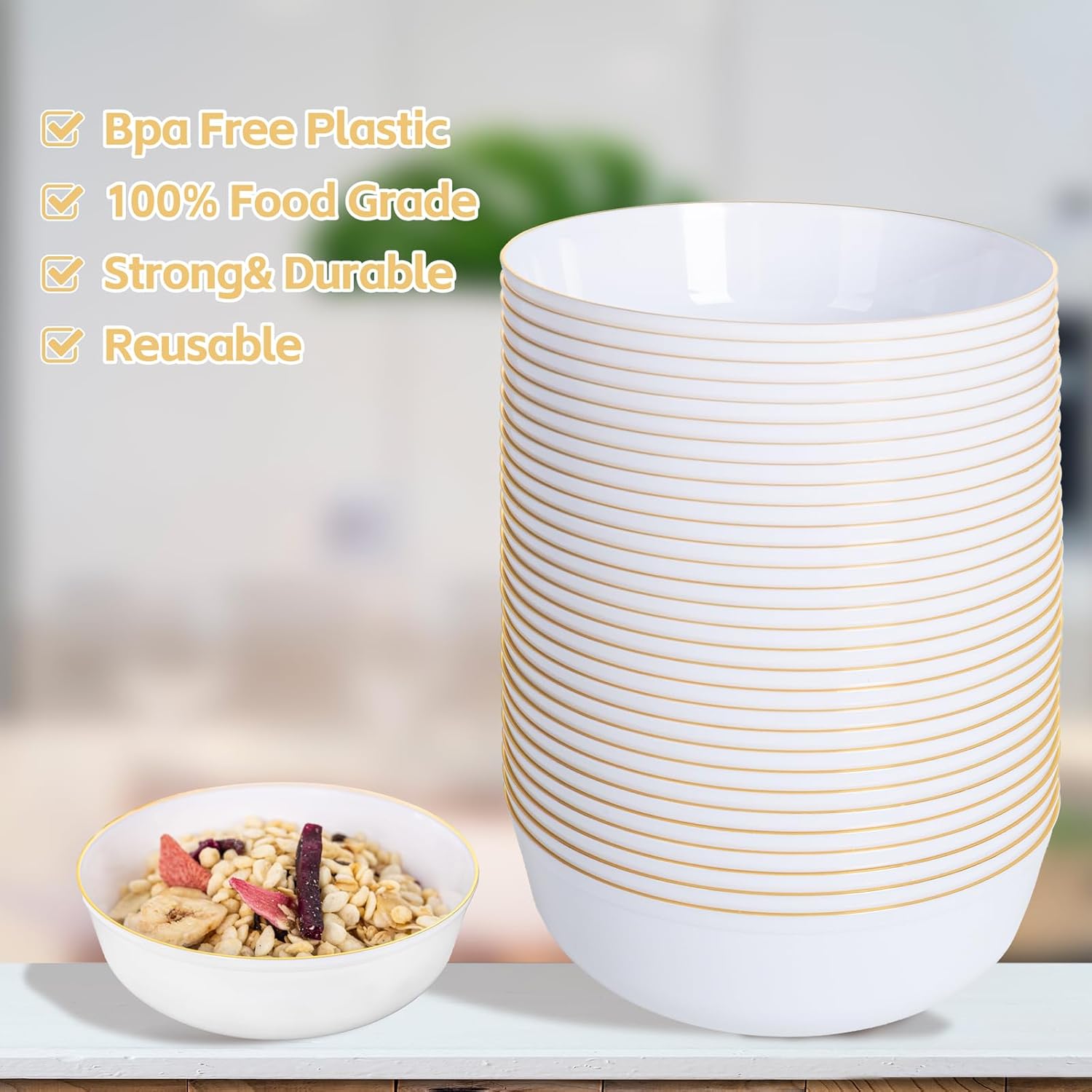 I00000 50 Pack White Plastic Bowls with Gold Rim,16 oz Disposable Soup Bowls,Premium Heavy Plastic Serving Bowls Ideal for Wedding & Party - Image 5