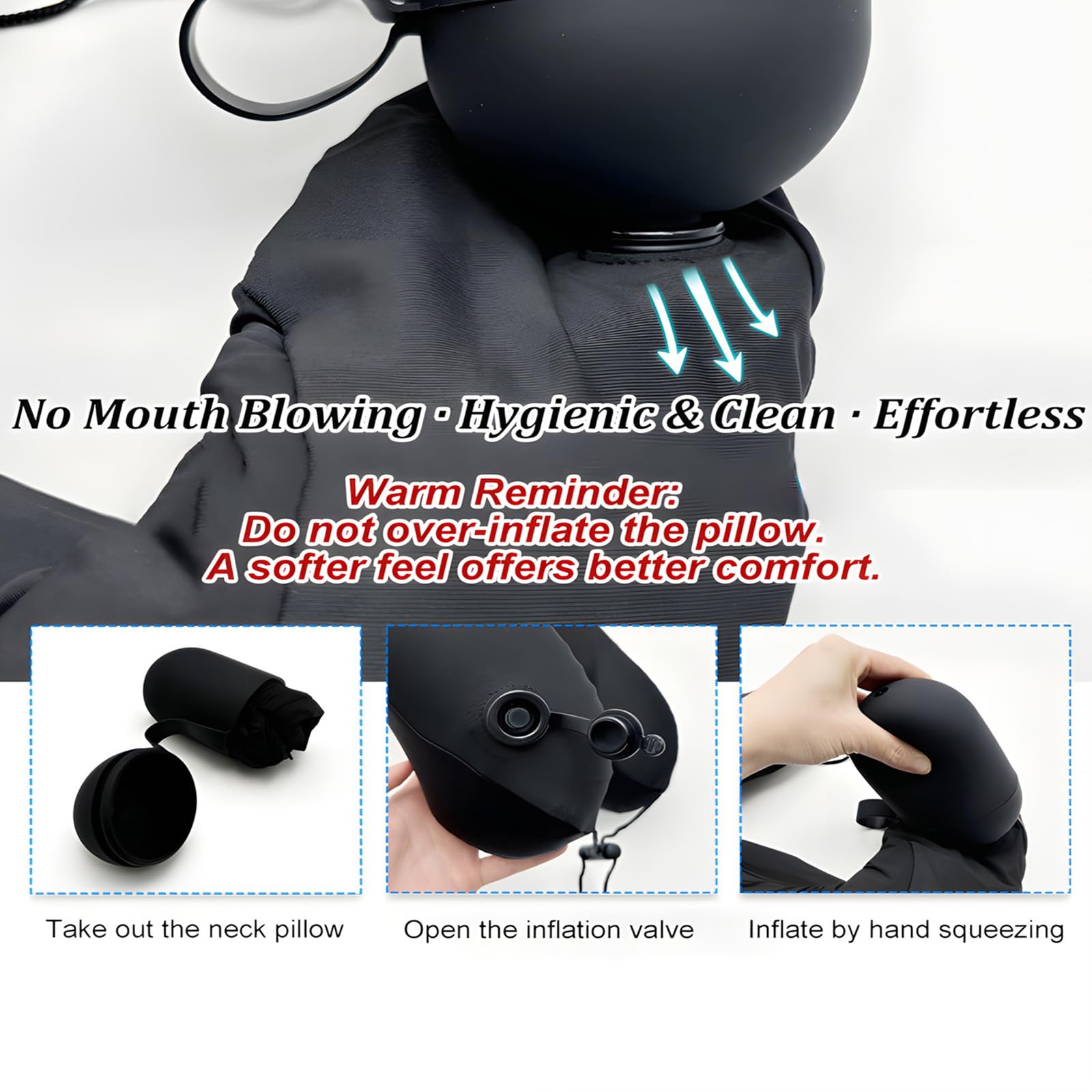 Devineresse Cuscino per il collo gonfiabile, con pompa a mano e scatola, 16 cm, supporto per il collo, cuscino da viaggio in tessuto fresco ice-touch, cuscino da collo per auto, treno, ufficio (nero)