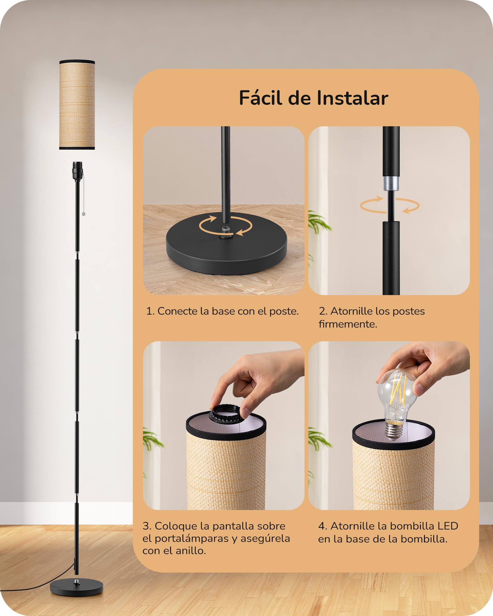 EDISHINE Lámpara de Pie para Salón, Lámpara Moderna Negra con Pantalla de Cuerda Trenzada y Base de Mármol, Casquillo E27 Incluido con Bombilla LED 6W, Luz Cálida 2700K para Dormitorio, Pasillo