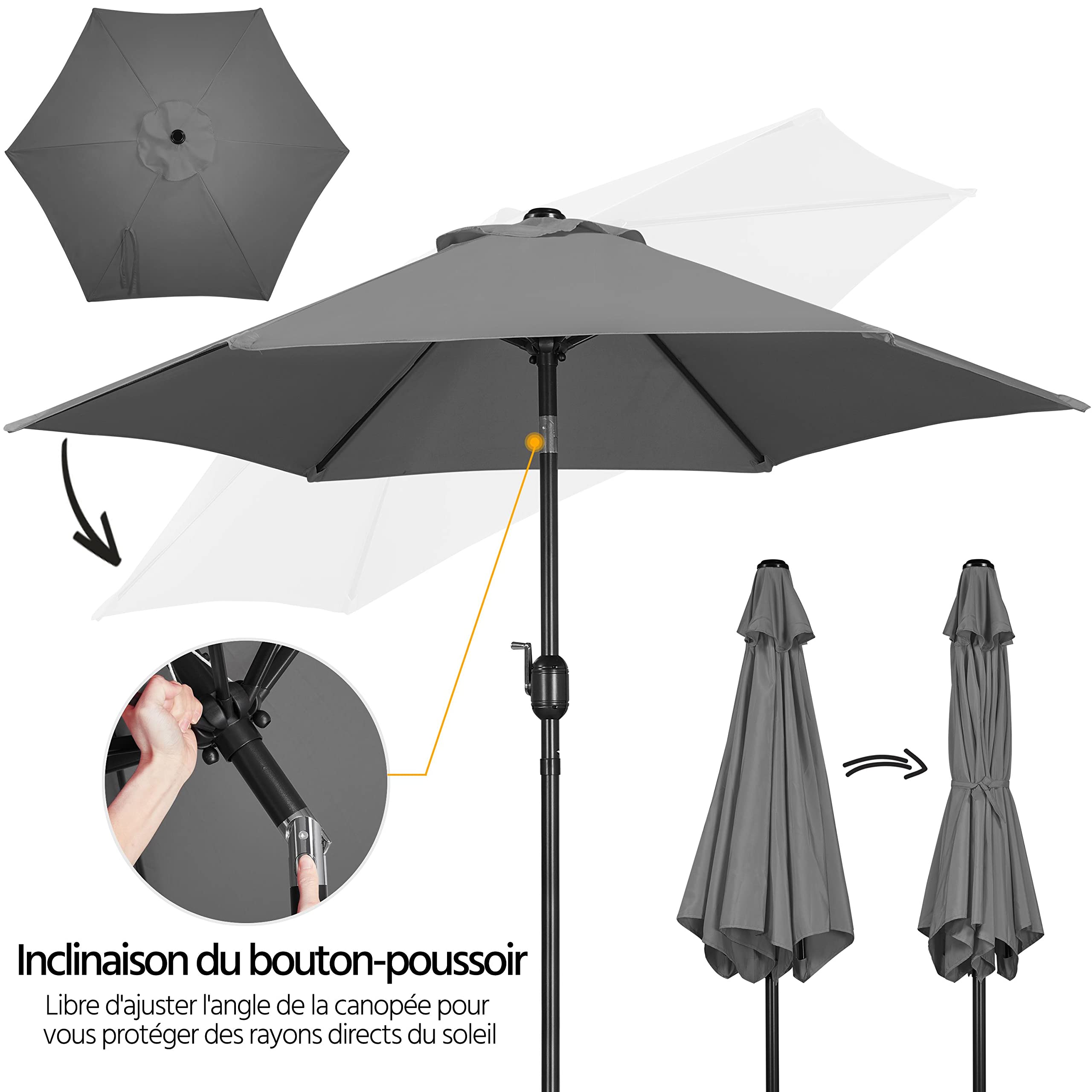 Yaheetech Parasol de Jardin Extérieur Parasol Inclinable 230cm/270cm/327cm avec 6 Baleines Cadre en Métal Protection Solaire pour Jardin Terrasse Patio Piscine Plage Balcon 230 cm Gris