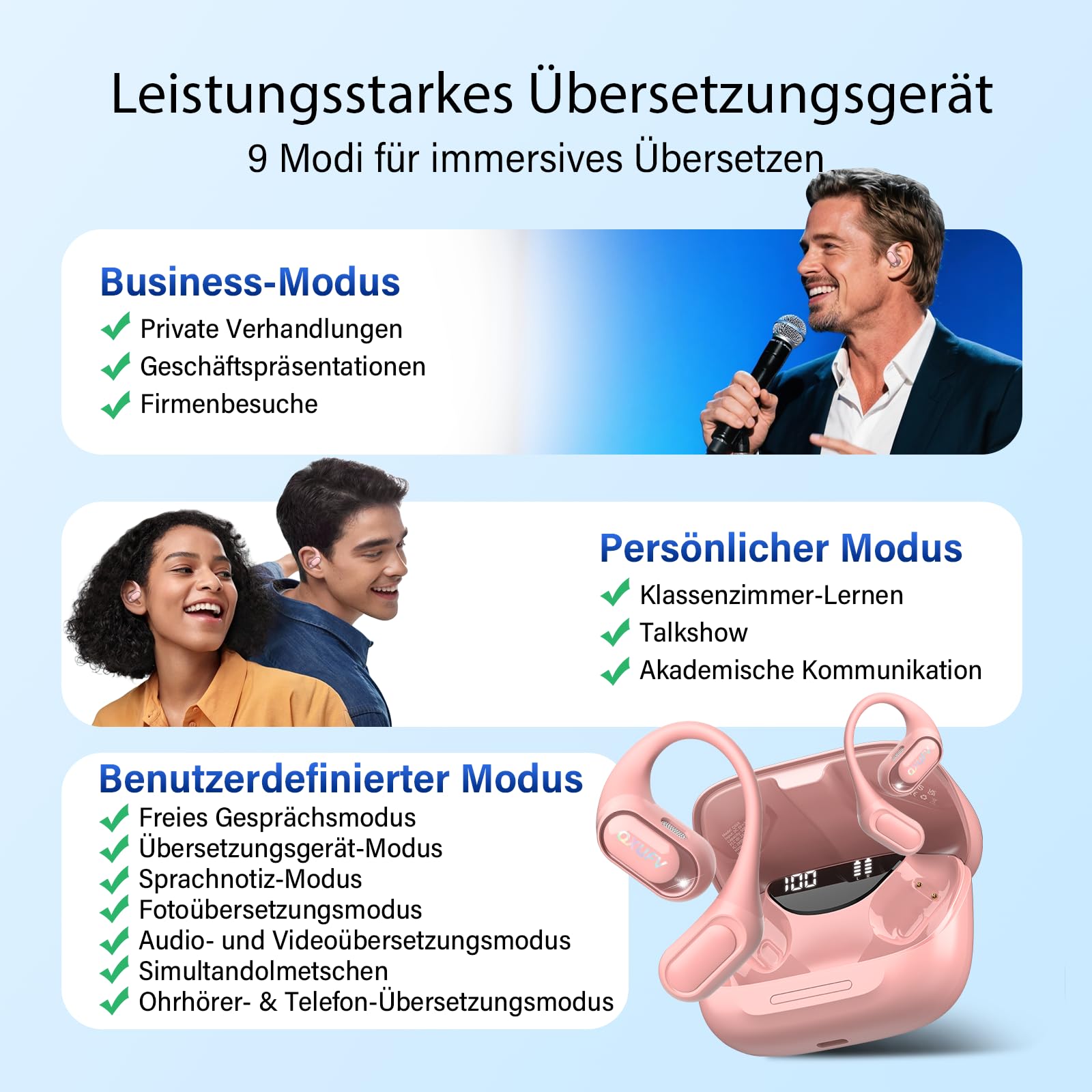KI Übersetzer Kopfhörer 4-in-1, Echtzeit Sprachübersetzer kopfhörer, 164 Sprachen & 7 Modi, Übersetzer Ohrhörer Bluetooth 5.4 mit APP, 50H Übersetzungs Ohrhörer für Geschäft, Lernen, Reisen | 164 Sprachen & 7 Modi Bluetooth 5.4, Ohne Abonnement, 50 Std. Ü