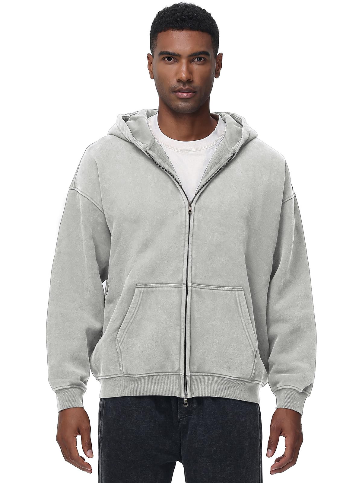 HOTIAN Herren Oversized Hoodie Pullover Vintage Fleece Pullover Acid Wash Basic Warm Kapuzenpullover mit Reißverschluss Streetwear