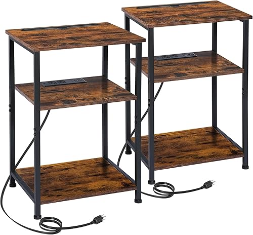 Miniatura 1 de AMHANCIBLE Juego de 2 mesitas de noche mesa auxiliar con estación de carga y soporte para teléfono mesa de sofá delgada con puertos USB y tomas