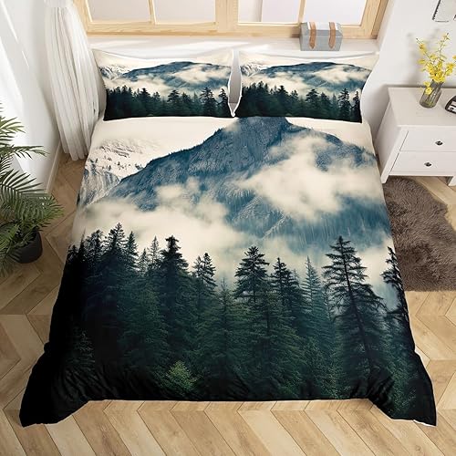 Erosebridal Juego de funda de edredón de montaña ahumada, pinos y niebla, color gris, tamaño King, para niños, adolescentes y adultos, funda de