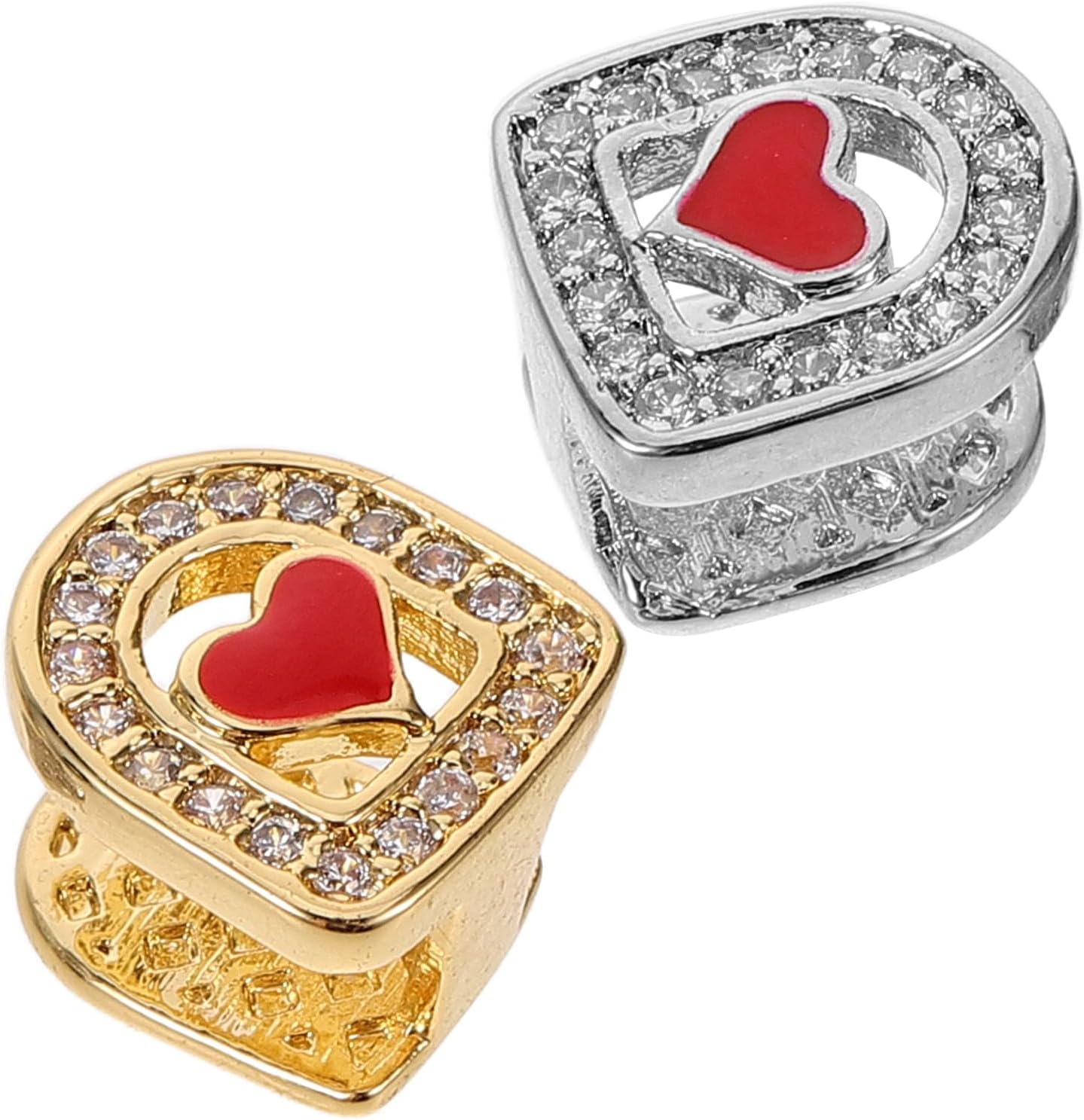 2pcs Hip Hop Teeth Grills Jewelry with Enamel Diamond Heart, Gold and Silver Plated Single Tooth Caps for Men Women Party and Rapper Costume