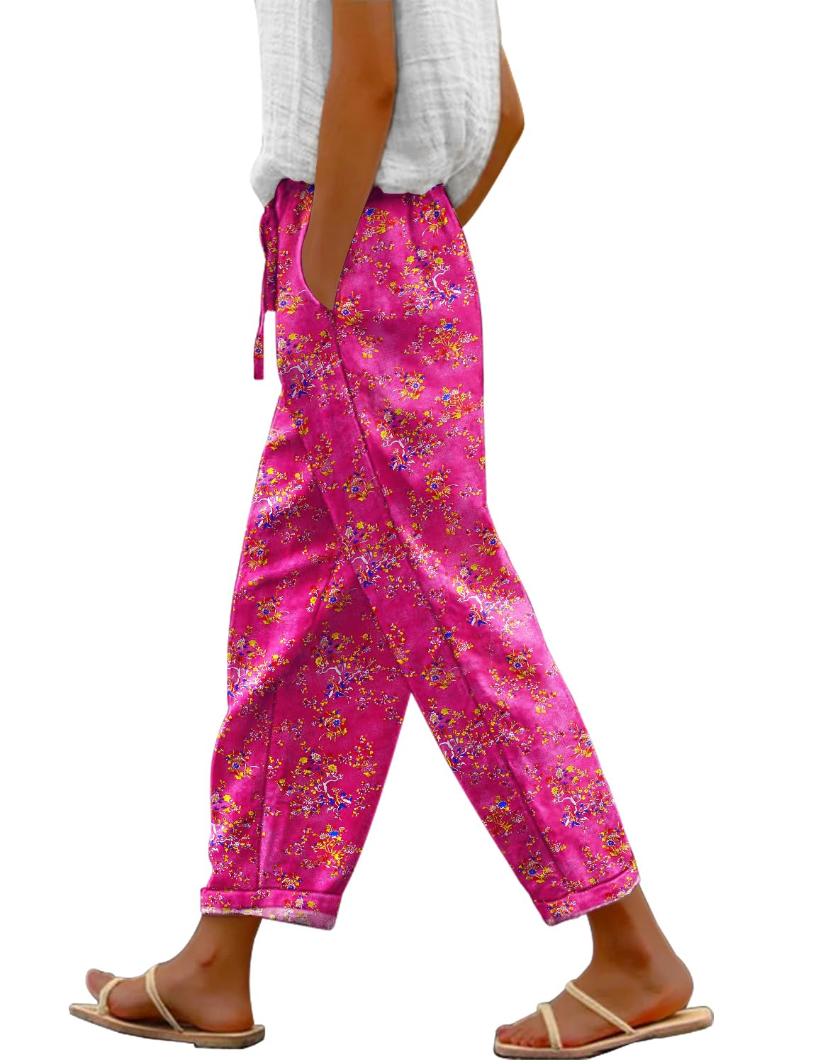 YESNO Casual Pants for Women Summer Floral Boho Lightweight Drawstring Elastic High Waist Pants with Pockets PHT