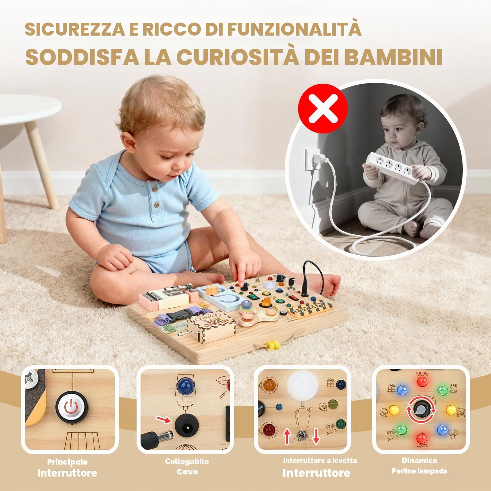 Joyreal Montessori Busy Board 1 Anno, Pannello Sensoriale Montessori Giochi con 20 LED, Legno Giocattolo Educativi Regalo Bimbo 1 2 3 Anni