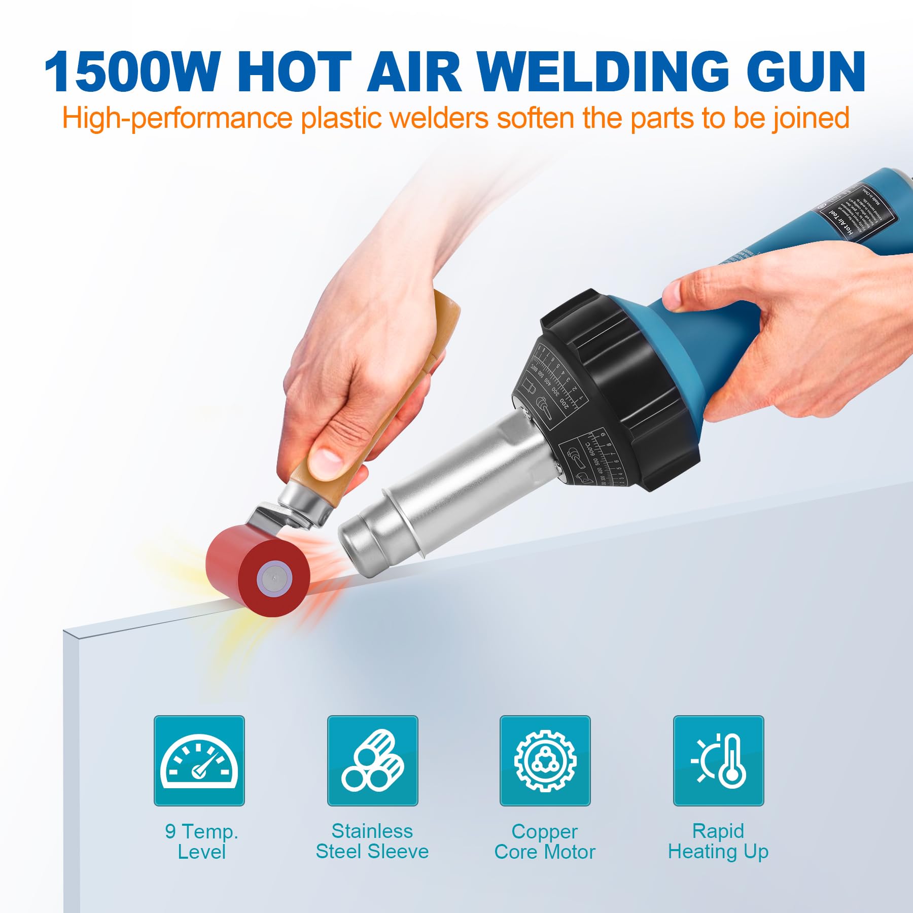 Pistola ad aria calda in plastica, 1500 W, 220 V, pistola ad aria calda, 30 ℃-680 ℃, pistola ad aria calda, per saldatrice in vinile PE PVC con asta di plastica, scooter, ugello