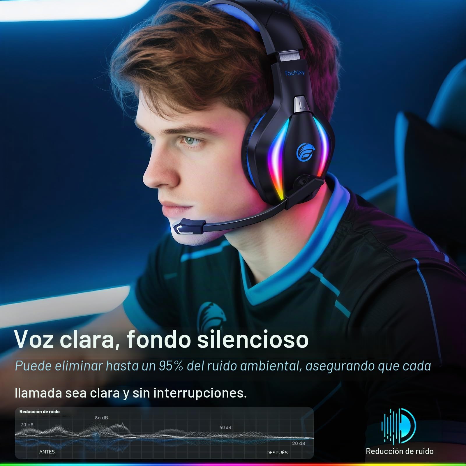 Fachixy FC100 - Auriculares inalámbricos con micrófono, 2,4 G, para PS5, PS4, PC, Switch, Mac, Sonido Envolvente, Bluetooth, Auriculares inalámbricos con luz LED, más de 50 Horas de duración de la