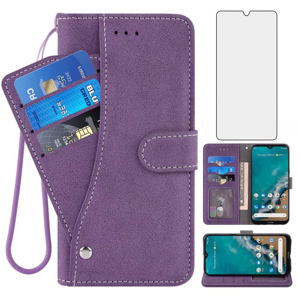 Asuwish Compatible with Nokia G50 5G Wallet Case and Tempered Glass Screen Protector Lanyard Flip Credit Card Holder Stand Heavy Duty Shockproof Cell Phone Cover for NokiaG50 G 50 50G Women Men Purple