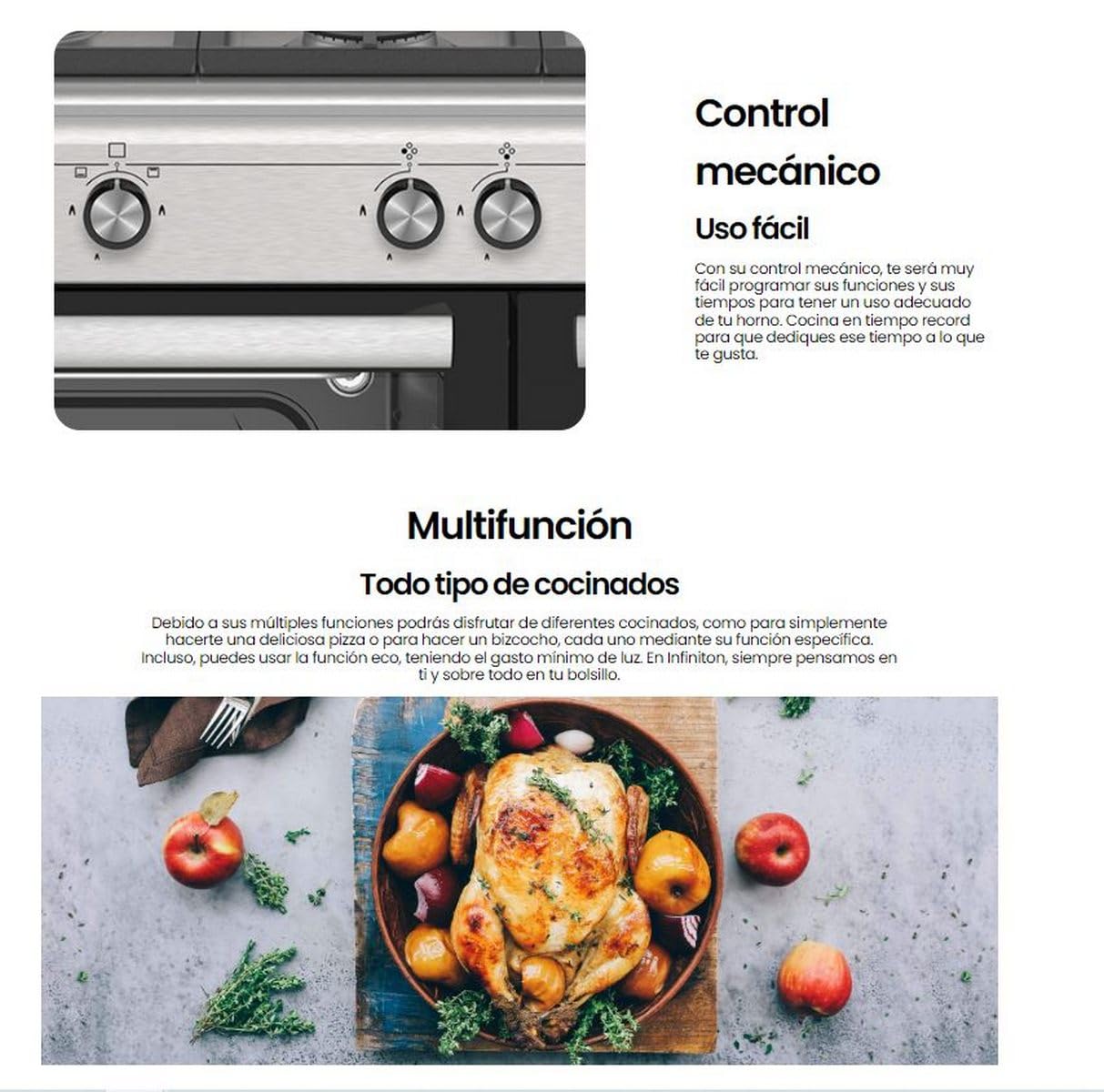 INFINITON Cocina con Horno de Gás CC90X2W4F, 4 Zonas, Quemador Wok, Ancho de 90 cm, Regulación en altura, Limpieza fácil, Compartimento porta-bombonas