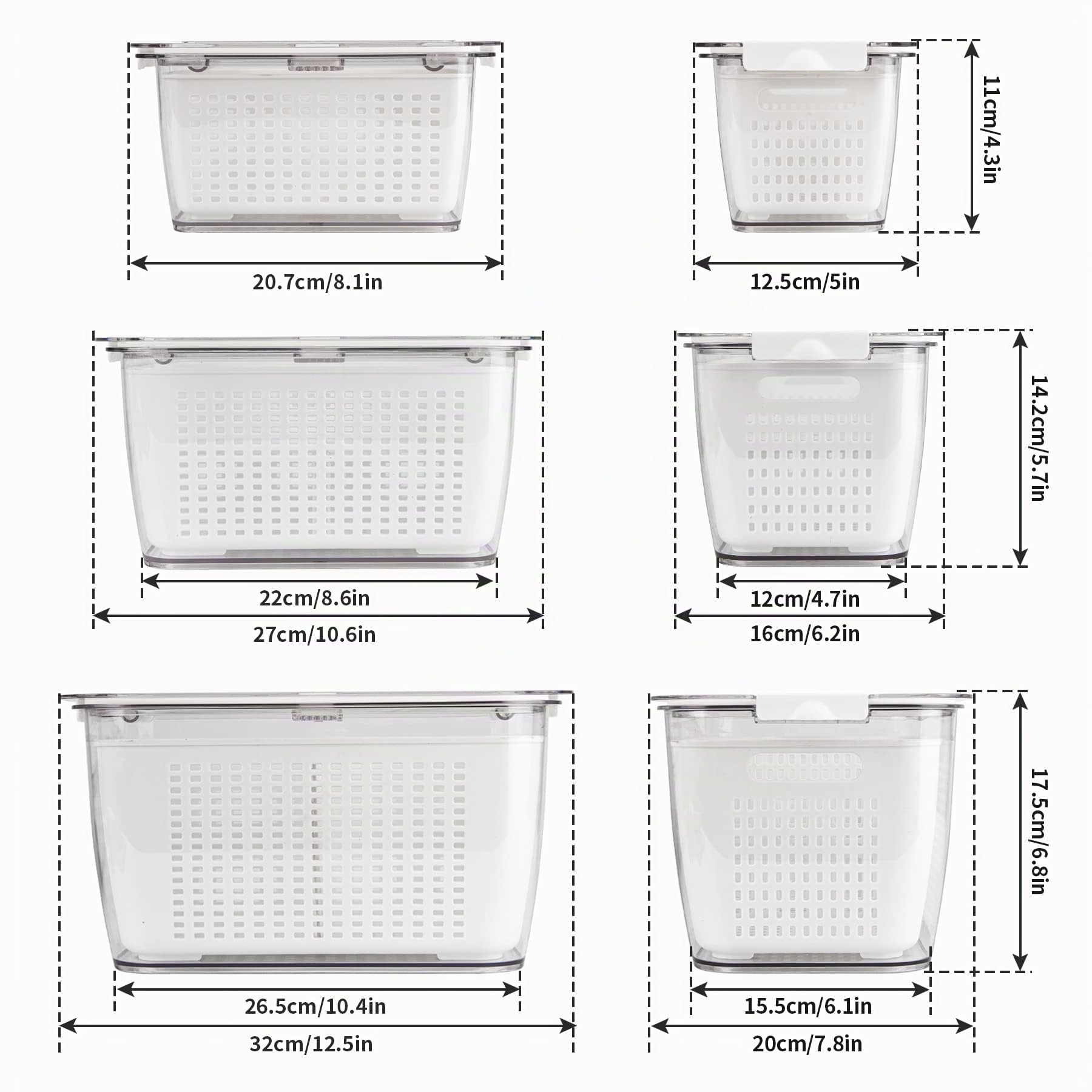 Spesh 3 Piezas Recipientes de Alimentos,2l+4l+5,8l Contenedores de Frigorifico Organizadores Nevera para Conservar Las Frutas y Verduras Frescas(Blanco)