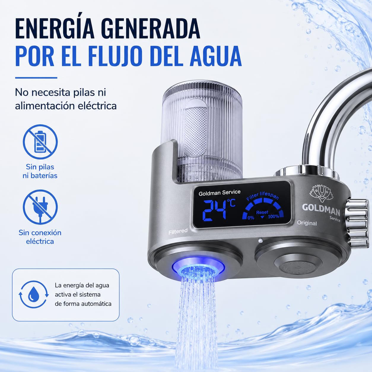 GOLDMAN SERVICE Filtro Purificador de Agua para Grifo con Pantalla Digital, Indicador de Temperatura en Tiempo Real, Filtro de Repuesto Incluido y 6 Adaptadores Universales