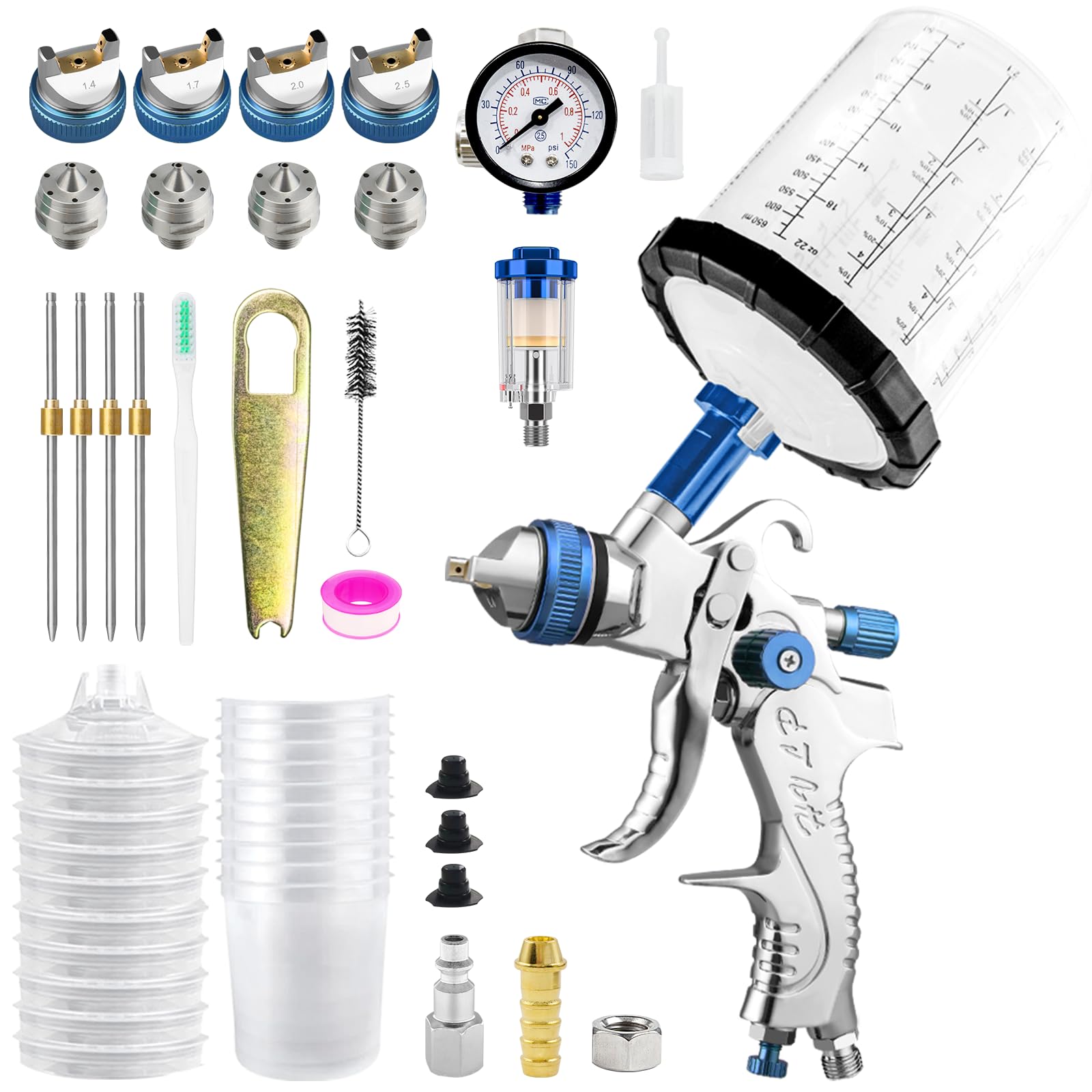 HVLP Spritzpistole mit 10 Stück 650ML Einwegbechern Spritzpistole Cups Lackierpistole Spritzpistole 4 Düsen 1,4mm 1,7mm 2,0mm 2,5mm Lackierpistole Druckluft Schwerkraft Sprühgeräte (4 Düsen)