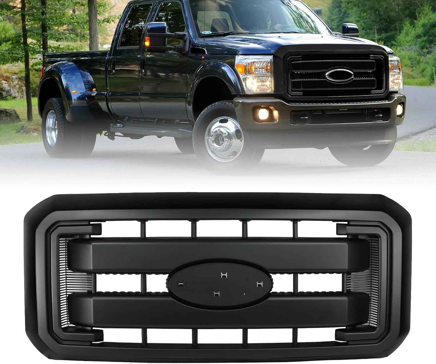 Front Bumper Grille Grill Assembly Fits for 2011-2016 F250 F350 F450 Super Duty Matte Black Replace BC3Z8200AA BC3Z8200G, Style 2