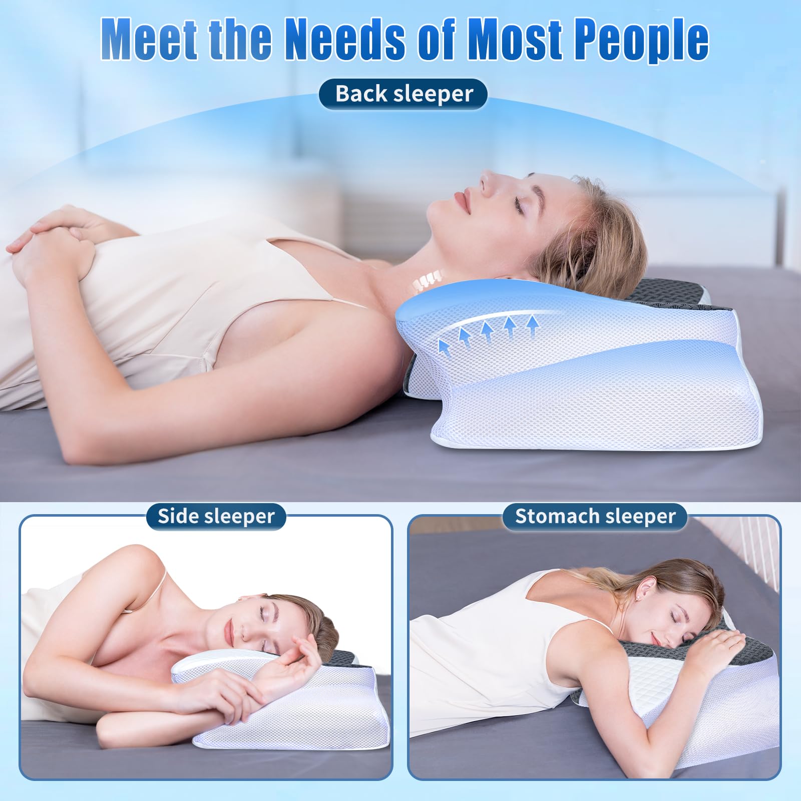 SAHEYER Oreiller Ergonomique Cervical, 2 en 1 Oreiller Memoire Forme pour la Nuque, Coussin pour Dormir sur Le côté, Le Dos et Le Ventre, 60x35,5x13/10 CM, Gris