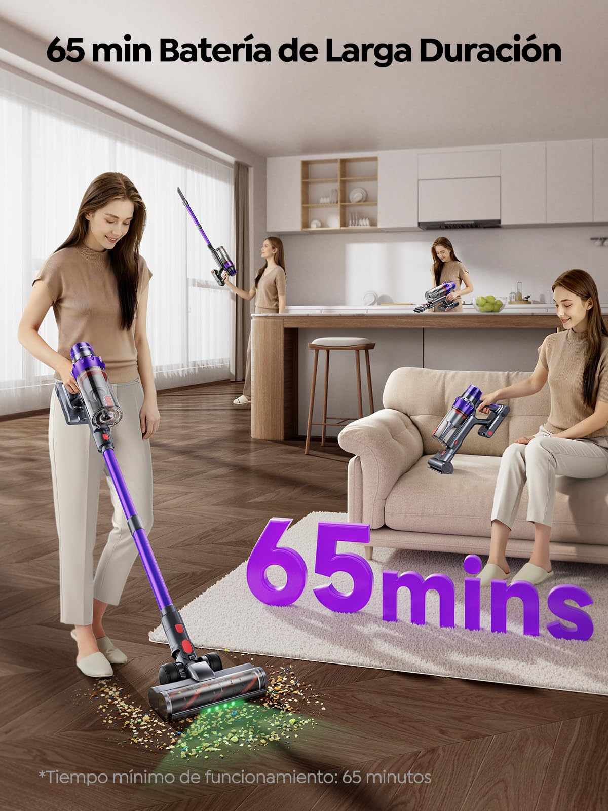 50KPA/600W/65Min(ECO) VAC02 Mejorada Aspiradora sin Cable, Aspiradora Vertical con Cepillo para Colchón, Modo Automático, Cepillo Anti-Enredo, Luz Verde, Fragancia, Carga Mural para Suelos y Alfombras