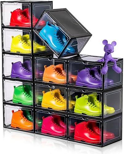 Paquete de 12 cajas de zapatos negras apilables, organizador grande de almacenamiento de zapatos con puerta magnética, contenedores laterales para