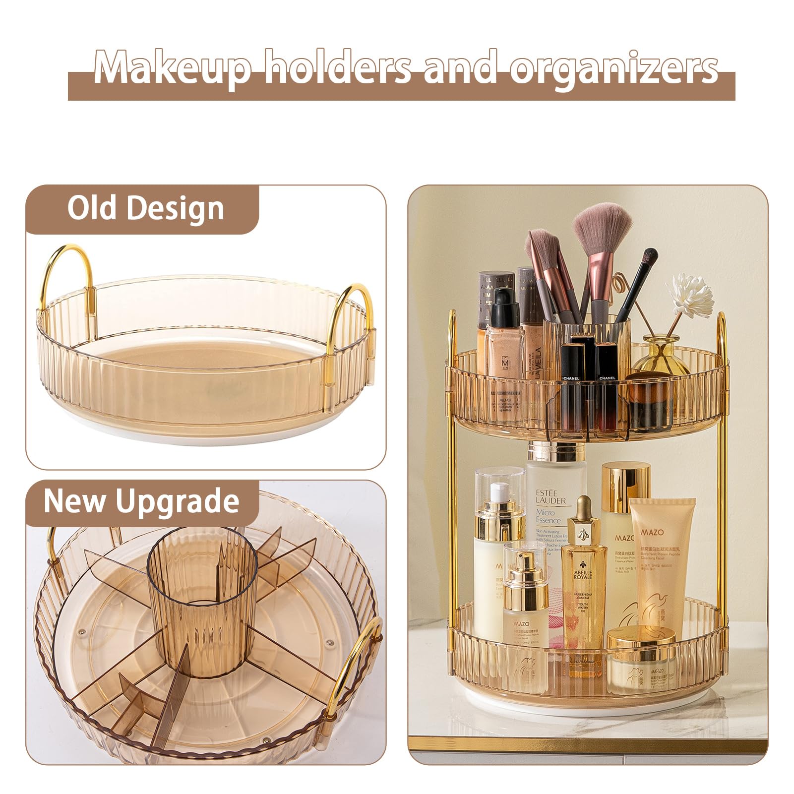 shuang qing Rotating Makeup Organizer for Vanity, High-Capacity Skincare Clear Make Up Storage Perfume Organizers Cosmetic Dresser Organizer Countertop 360 Spinning (Gold, New-2 Tier)