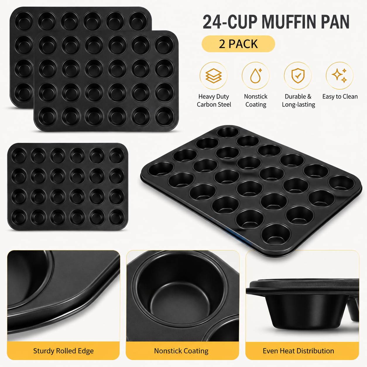 Paquete De 2 Mini Moldes Para Muffins De 24 Tazas, Mini Bandeja Para Hornear Magdalenas De Acero Al Carbono Antiadherente, Lata Pequeña Para Muffins Para Mini Magdalenas, Brownies