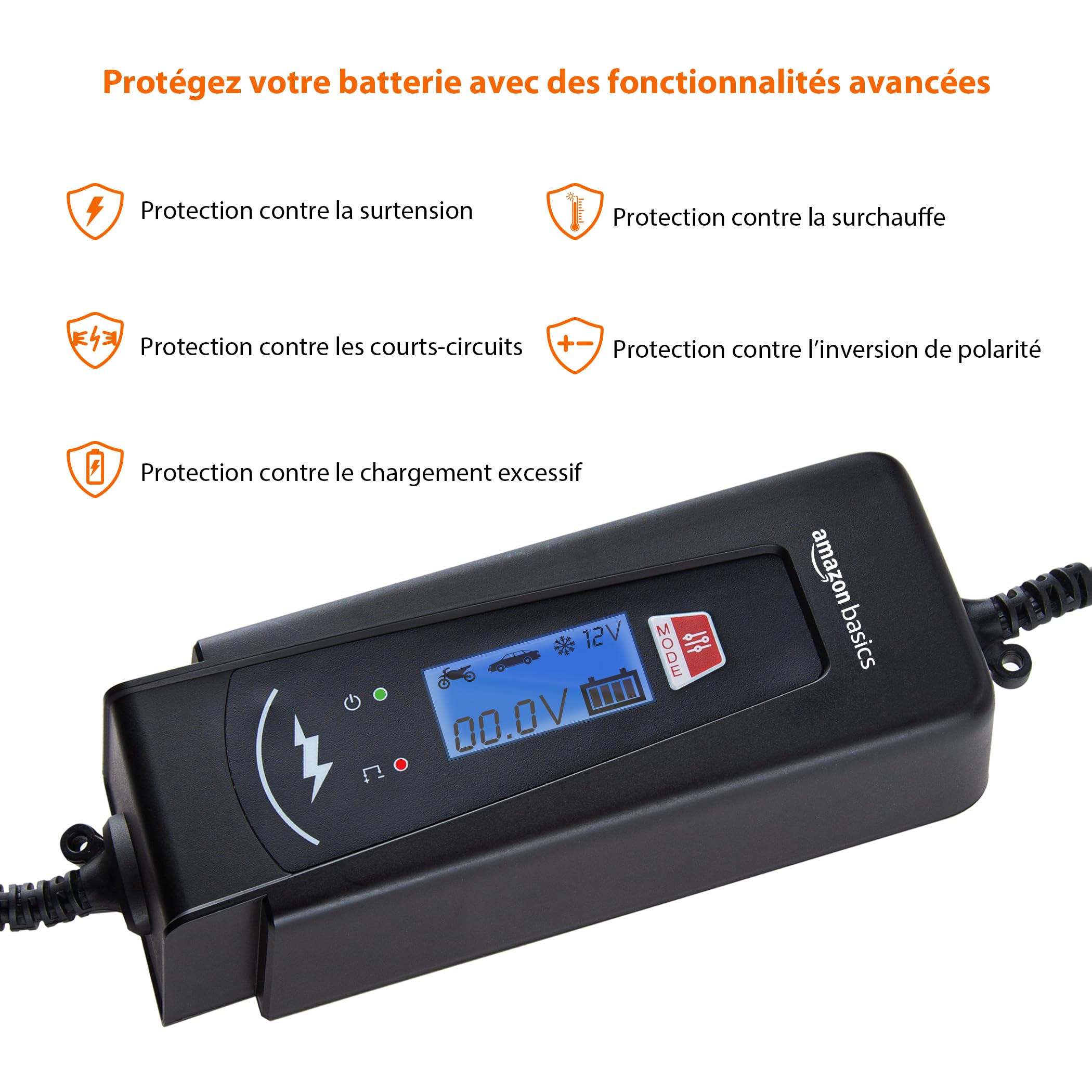 Amazon Basics Chargeur de batterie intelligent automatique avec fonction testeur de batterie, prise UE, sortie : 2A/4A, 6V/12V DC, Noir