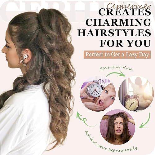 Miniatura 5 de Extensión de cola de caballo de 18 pulgadas de largo, rizado, ondulado, clip en aspecto natural, extensión de pelo sintético para mujer, color gris