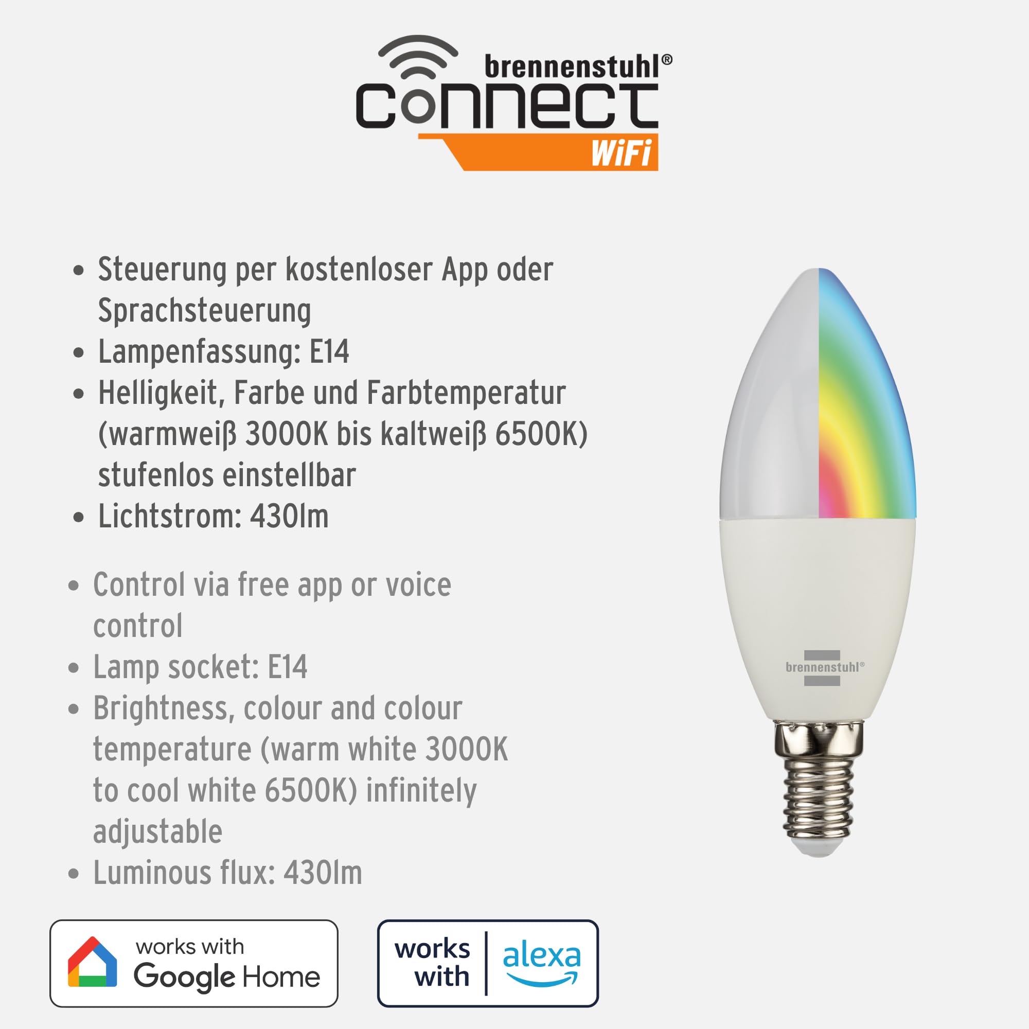 Brennenstuhl Connect Bombilla LED WiFi SB 400 E14 (compatible con Alexa y Google Assistant, no requiere hub, Bombilla inteligente 2,4 GHz con app gratuita, 430lm, 5,5W) (Paquete de 4)