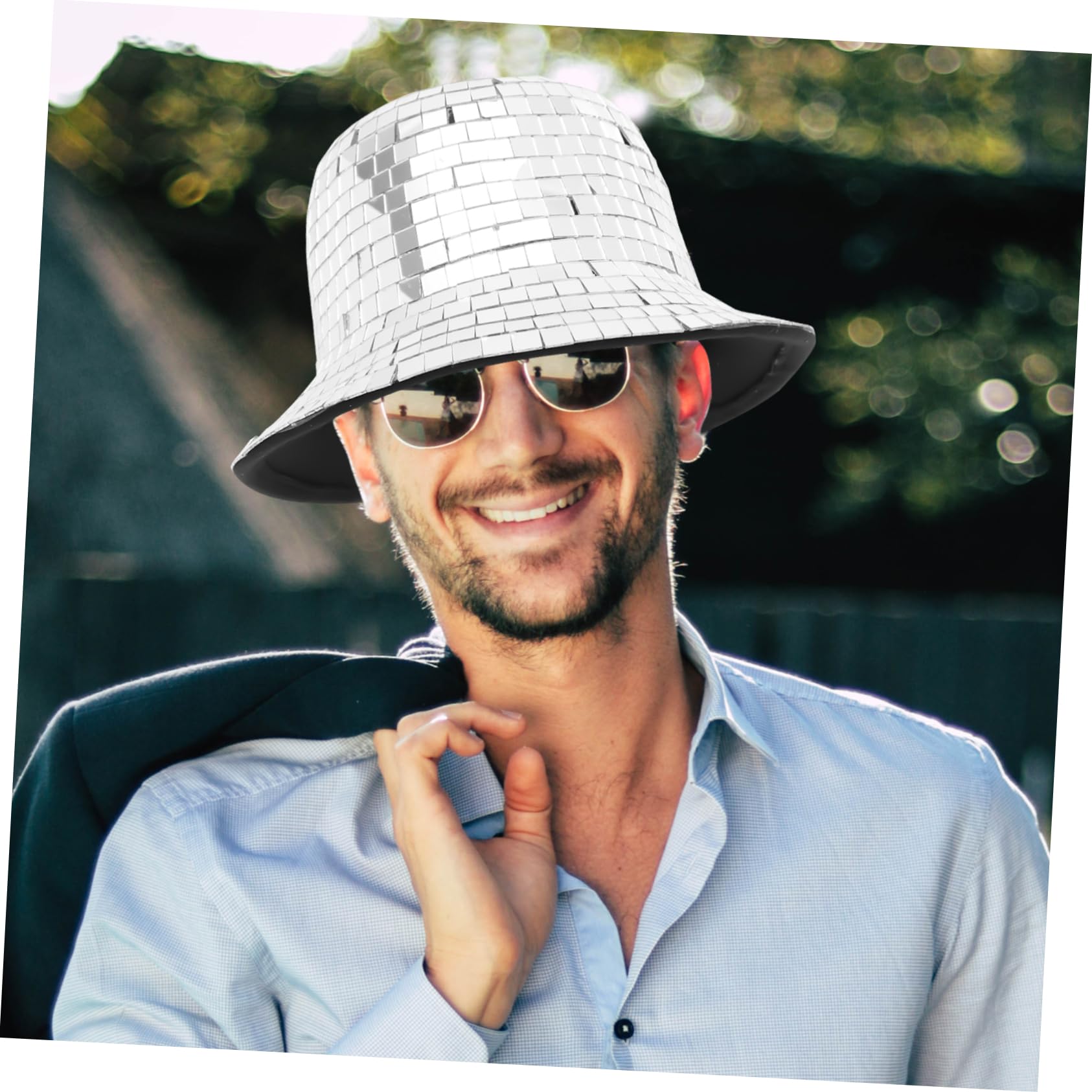 LABRIMP Sombrero de Espejo Disco para Mujer y Hombre Estilo Pescador Lentejuelas Plata, Cómodo y Chic para Decoración Verano en Fiestas y Eventos