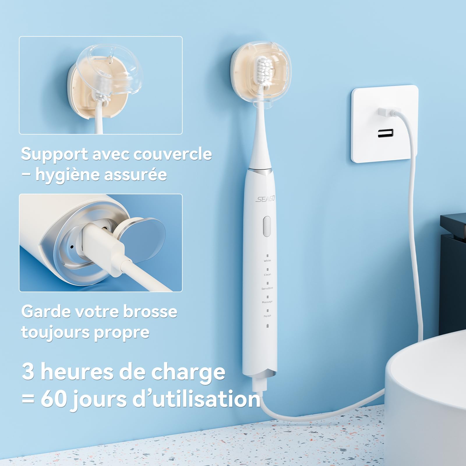 Seago brosse à dent électrique, brosse a dent sonique avec capteur de pression, 60 jours pour voyager, 8 têtes et porte brosse à dents electrique, 5 modes, IPX7, SG2782,Blanc