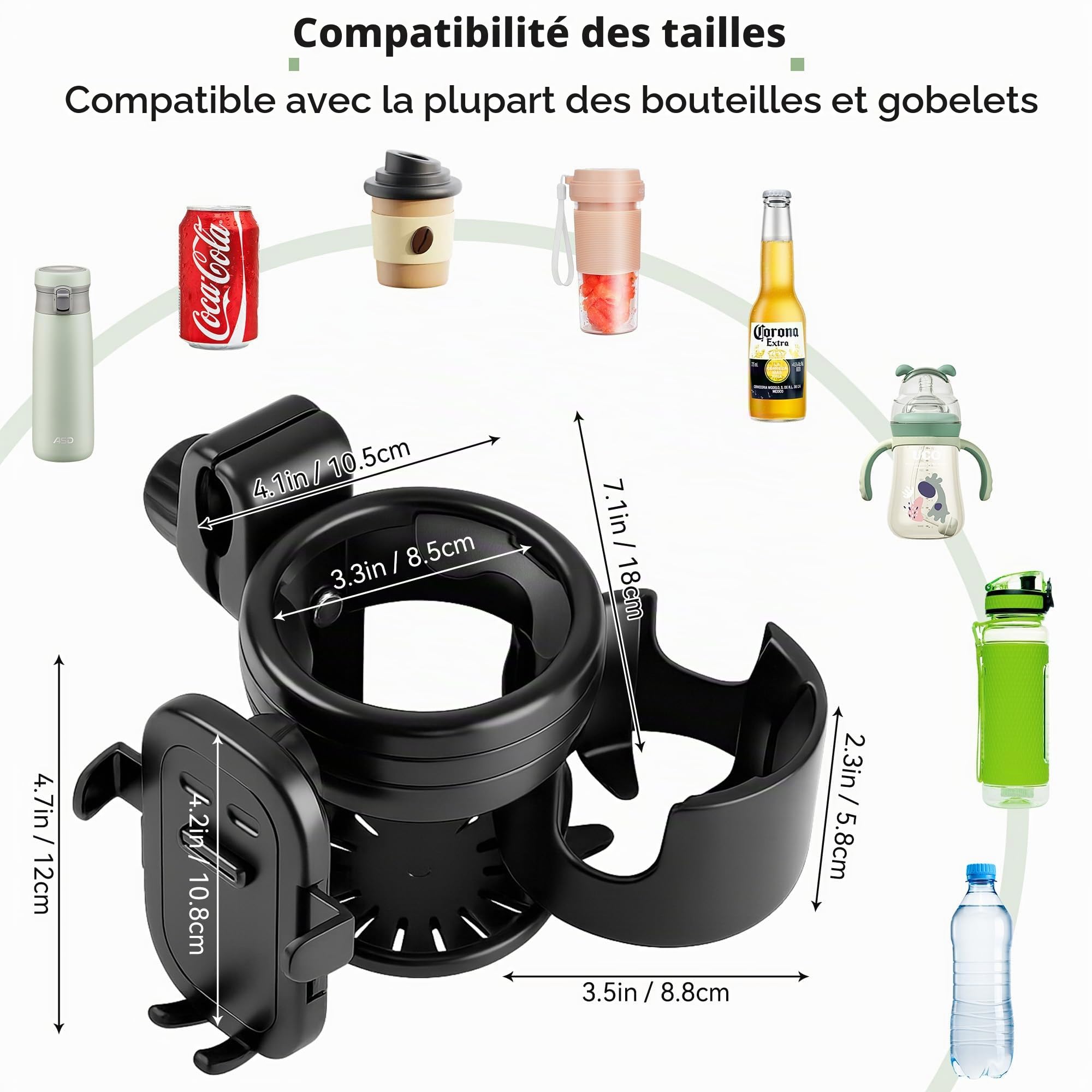 Porte-gobelet Poussette 3 en 1, Porte-biberon Poussette avec Support Téléphone - Porte-gobelet Universel Rotatif à 360° pour Poussette, Vélo, Fauteuil Roulant - Cadeau de Naissance Pratique