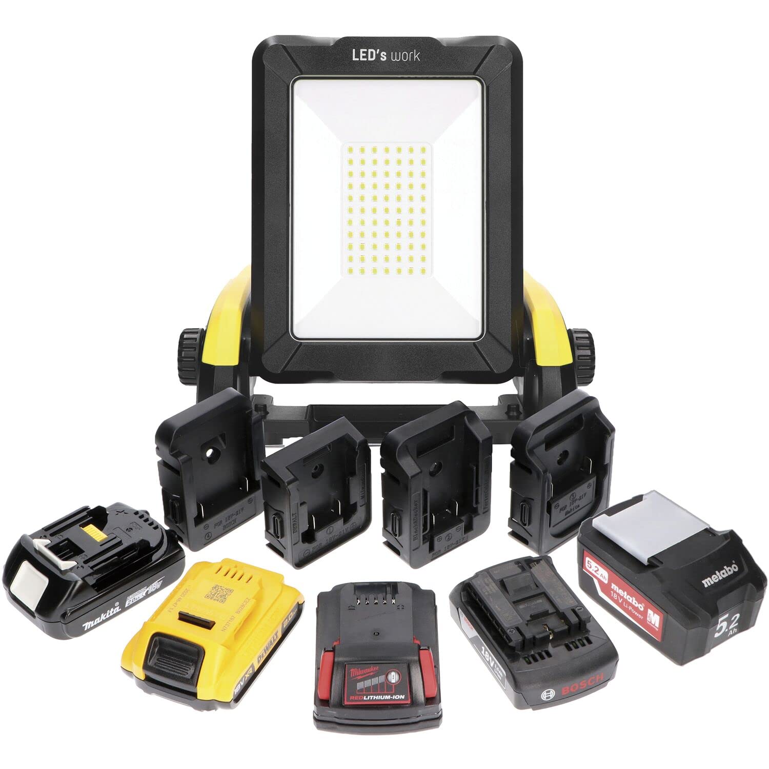 LED's work LED Akku Baustrahler 18V kompatibel mit Makita, Bosch, DeWalt, Milwaukee, Metabo – 2900lm Arbeitsleuchte IP54 & IK08 – Baustellenlampe inkl. 4 Marken-Adapter