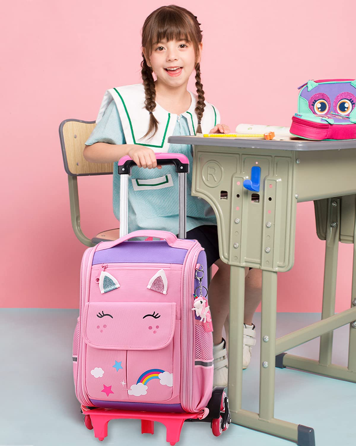 Tanou Cartable a Roulette Fille, 16 Pouces Légers Sac a Roulette Fille Primaire, Détachable Cartable Roulettes Enfant pour Voyages Scolaires, 4-9 Ans, Violet Rose