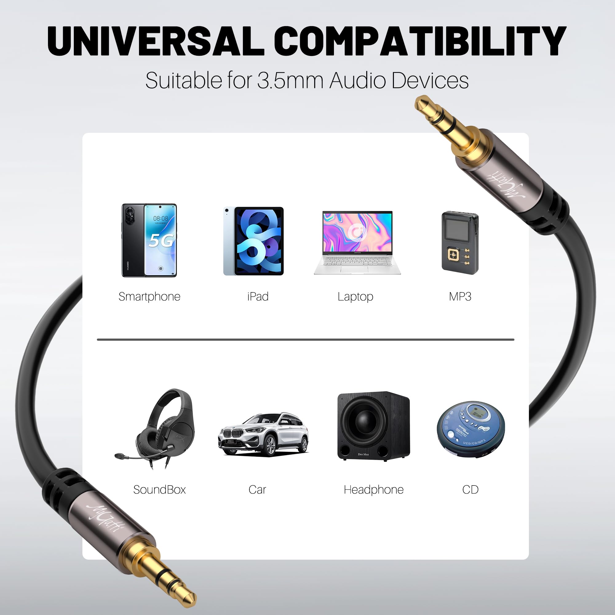 Cable auxiliar de 3,5 mm (50 metros) jack a jack estéreo de audio jack para coche, auriculares, PC, teléfono móvil, tablets, altavoces, reproductores MP3/MP4, etc. (con 5 bridas)