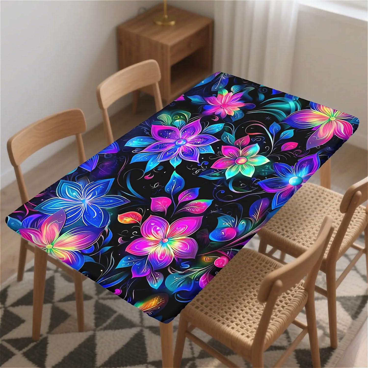 artslion Rectangle Waterproof Tablecloths Elastic Edge for Secure Fit-30 x 72 inch Wipeable Table Cover Non-PVC Fabric Colorful lotus Designs Indoor Outdoor Use
