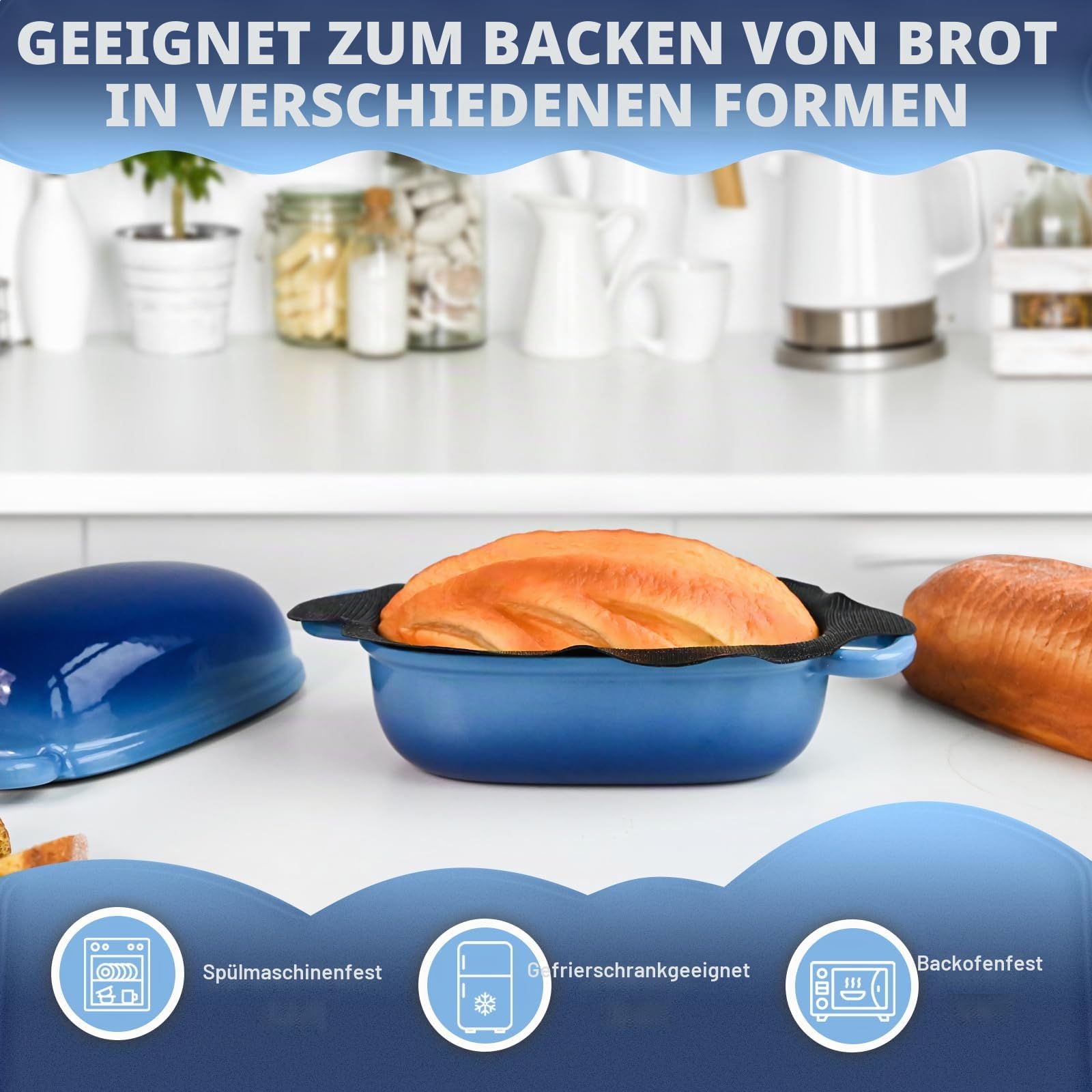 Dutch Oven zum Brotbacken – 2,5 QT Brotformen für hausgemachtes Brot mit perforiertem Antihaft-Silikoneinsatz, Gusseisen-Brotpfanne Dutch Oven Kastenform mit Deckel und Schlaufengriffen für