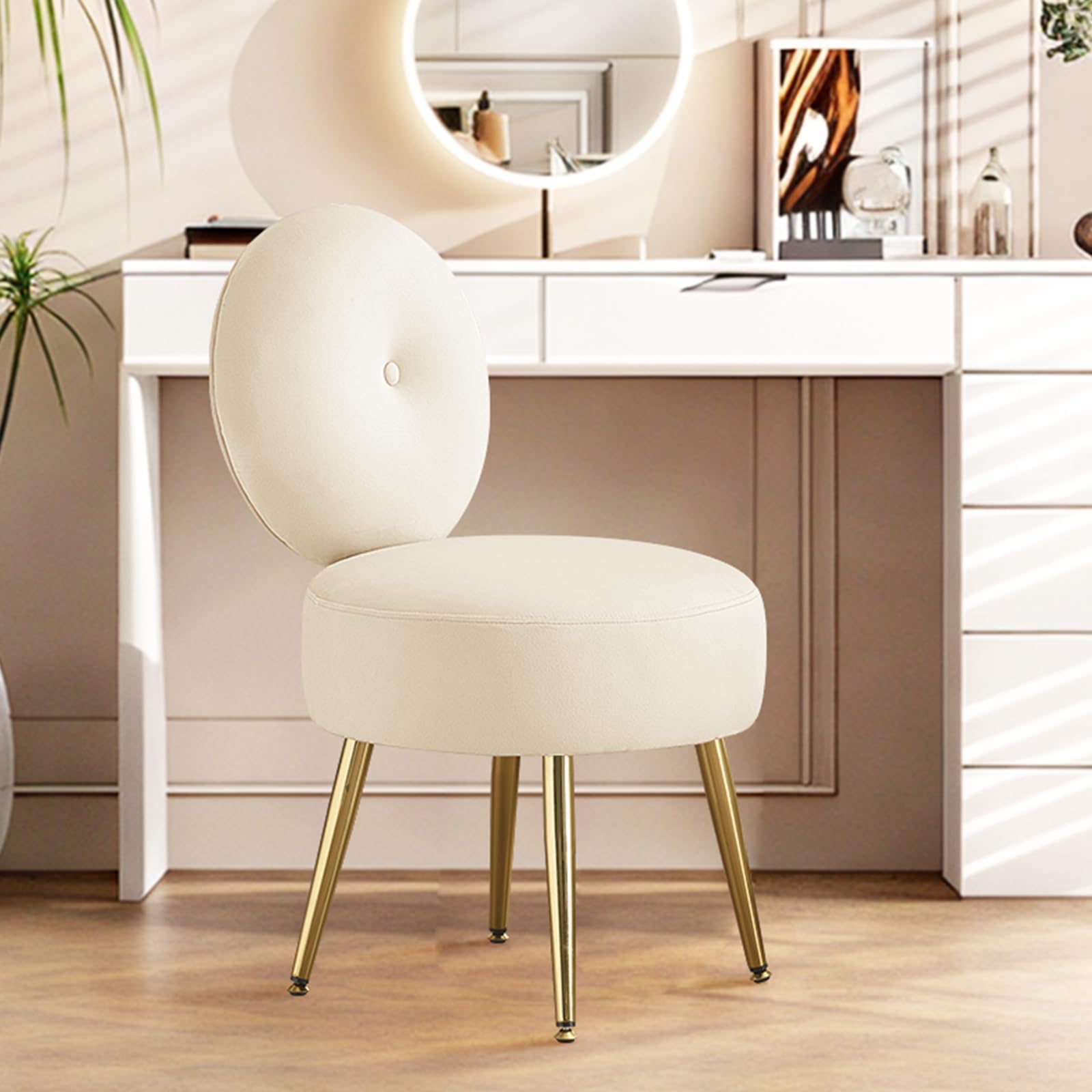 Schminkstuhl Schminktisch Stuhl, Sessel Wohnzimmer mit Rückenlehne & Verstellbaren Goldbeinen, Schreibtischstuhl Esszimmerstuhl Samt für Schlafzimmer Wohnzimmer Kinderzimmer Homeoffice, Beige