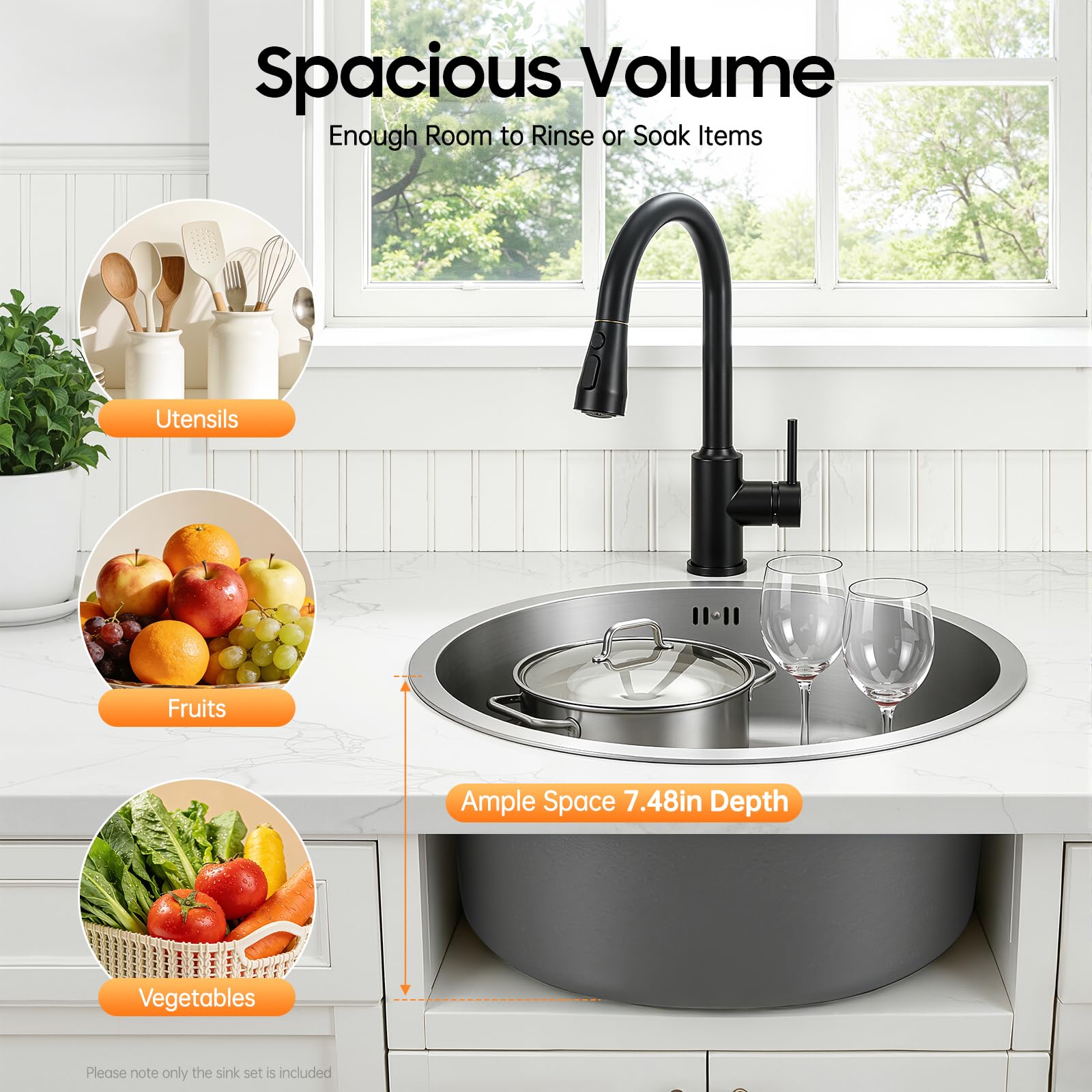 Lavello Rotondo in Acciaio Inox 304, Lavandino Circolare 38x38cm, Lavello da Cucina con Cestello Filtrante 10cm, Scarico e Tubo di Trabocco in Acciaio Inox per Ristoranti, Hotel