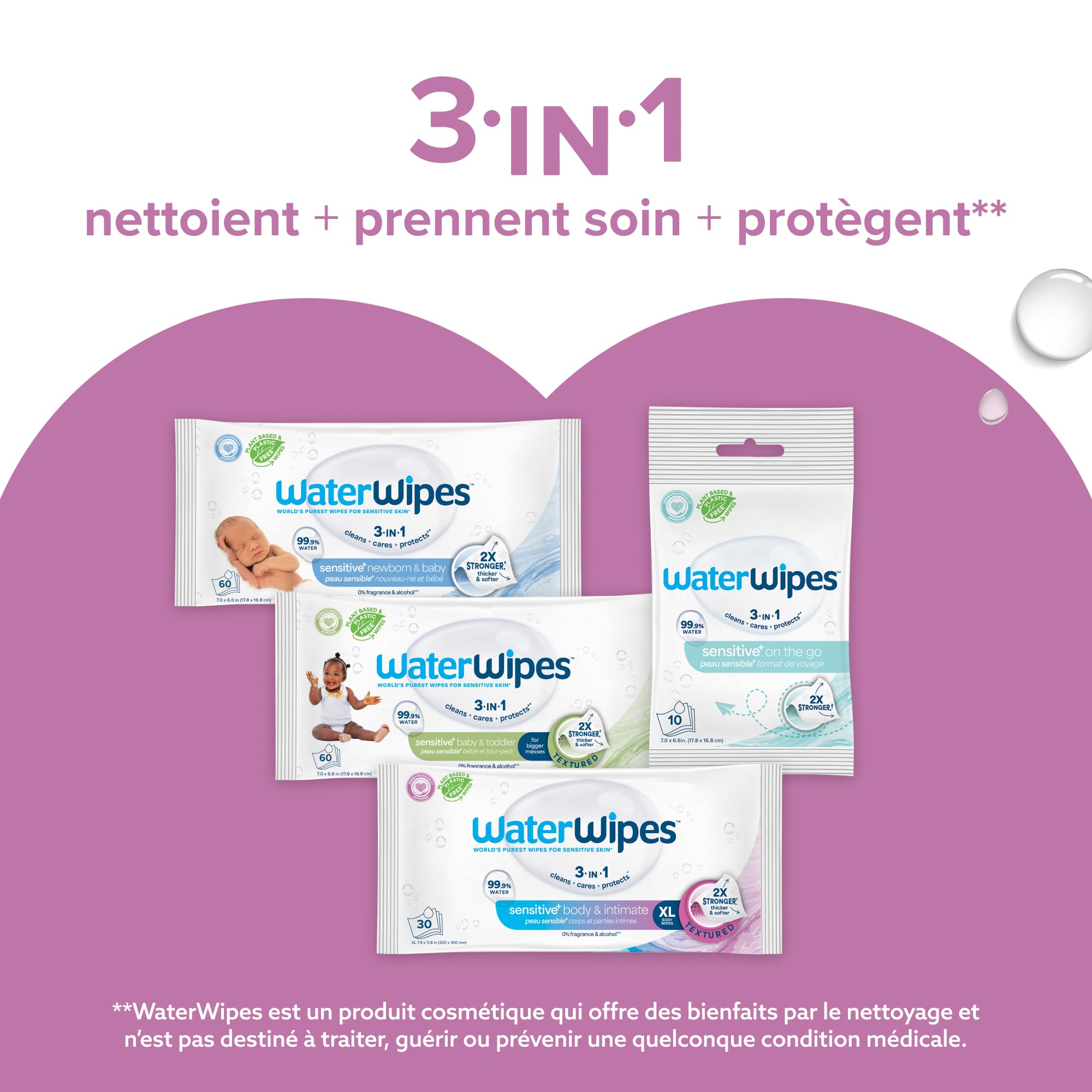 WaterWipes Sensitive+ Body & Intimate Wipes, Hygiène Corporelle et Intime, 90 lingettes (3 paquets), 3-en-1 nettoie, soigne, protège, 99,9% d'eau, lingettes humides non parfumées, Adult Care