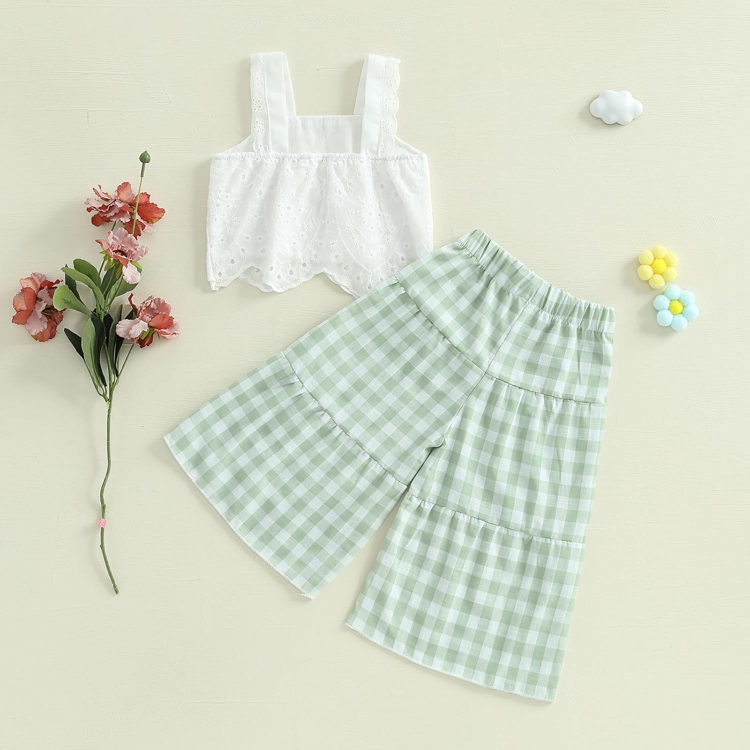 Toddler Girl Summer Outfits Eyelet Embroidery Cami Tops + Plaid Print Wide Leg Pants 2 Pcs Infant Girl Clothes Set - Image 4