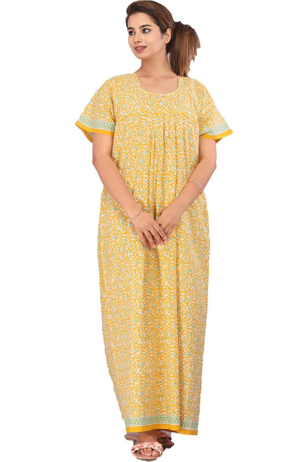 Brand Cotton Nighty for Women Printed Stylish Night Gown, Comfortable Sleepwear Long Nightwear, Maxi Yellow-image-36
